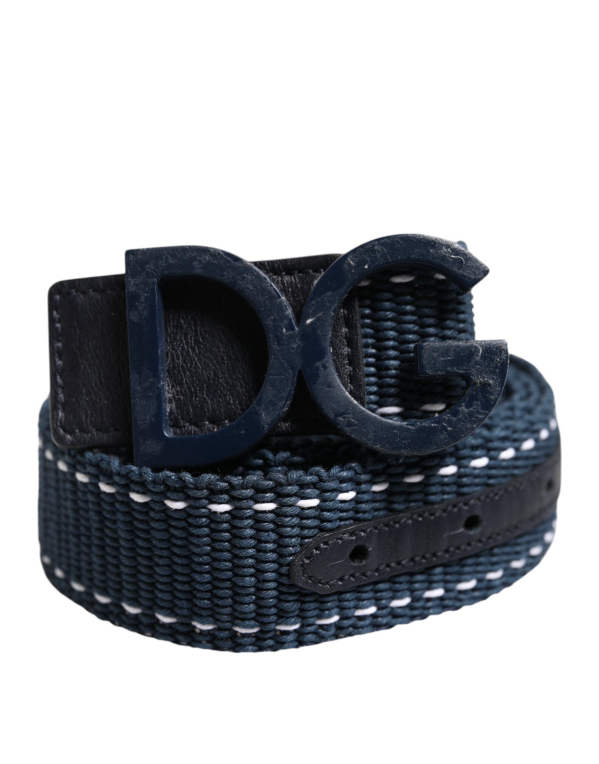 Dolce & Gabbana Blue White Cotton DG Logo Metal Buckle Men's Belt (Pre-Owned)
