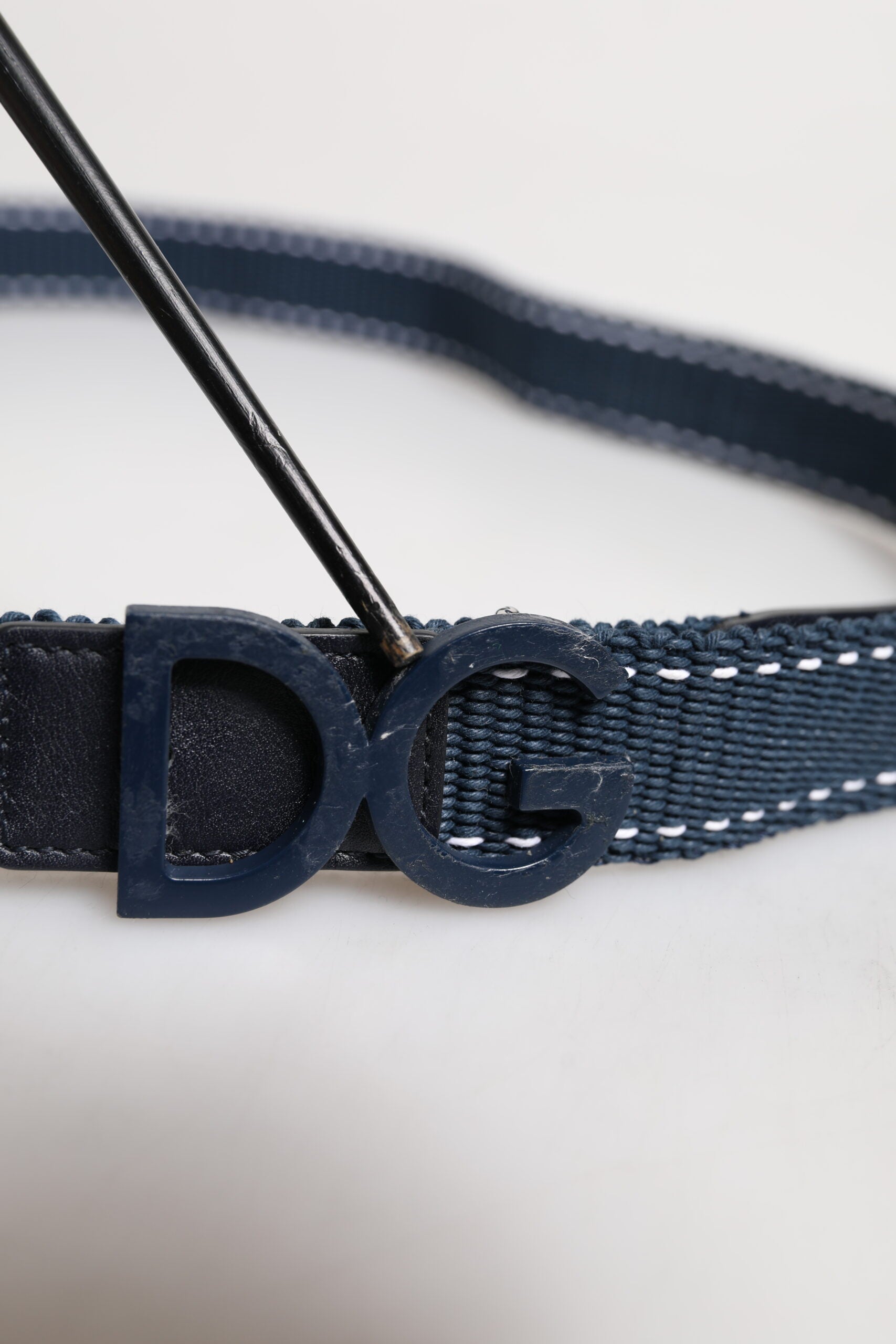 Dolce & Gabbana Blue White Cotton DG Logo Metal Buckle Men's Belt (Pre-Owned)