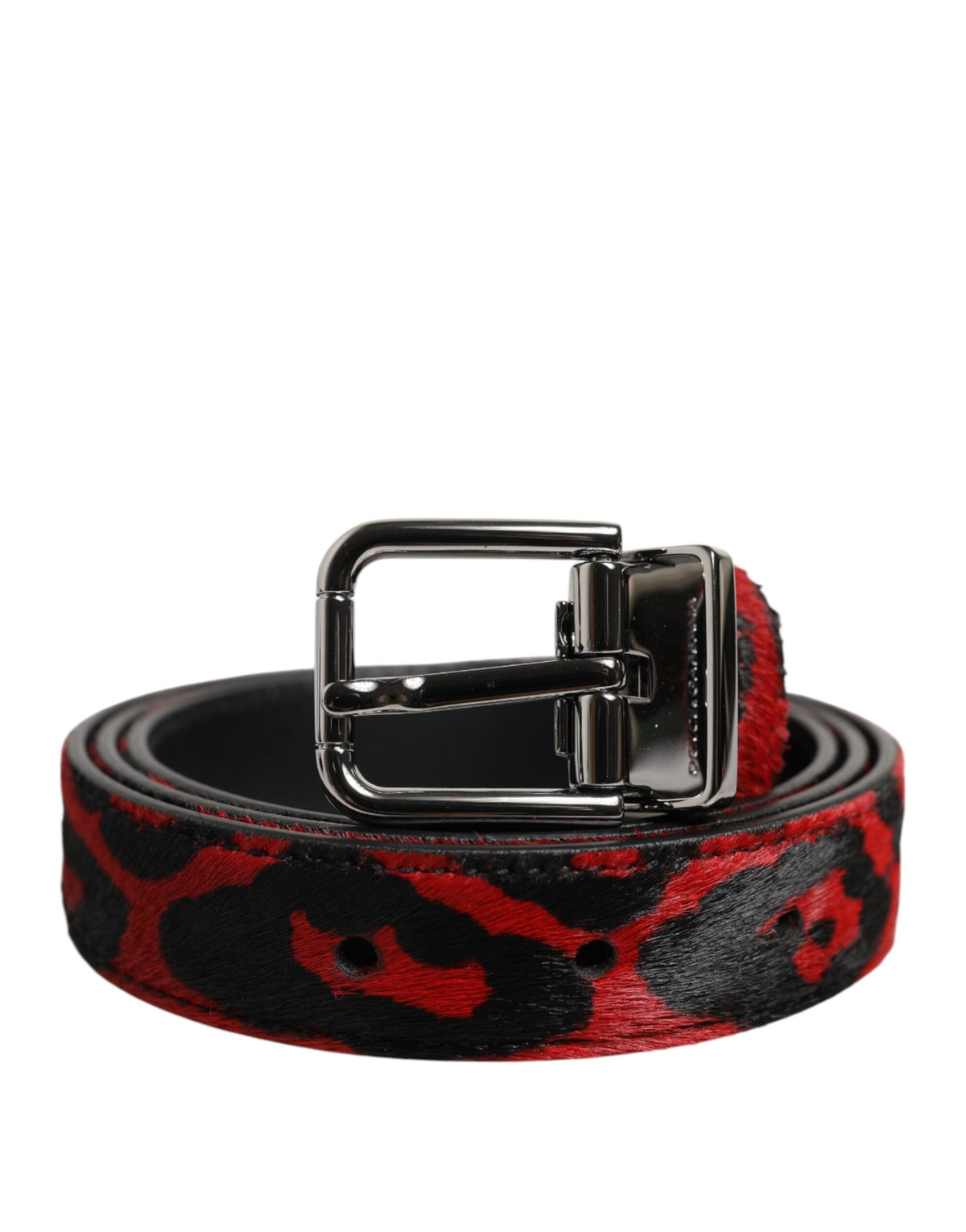 Dolce & Gabbana Black Red Leopard Silver Metal Buckle Men