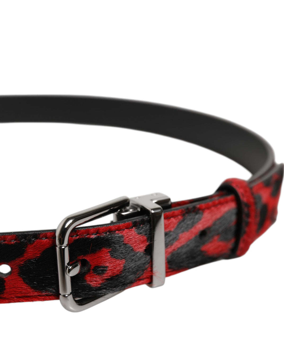 Dolce & Gabbana Black Red Leopard Silver Metal Buckle Men's Belt