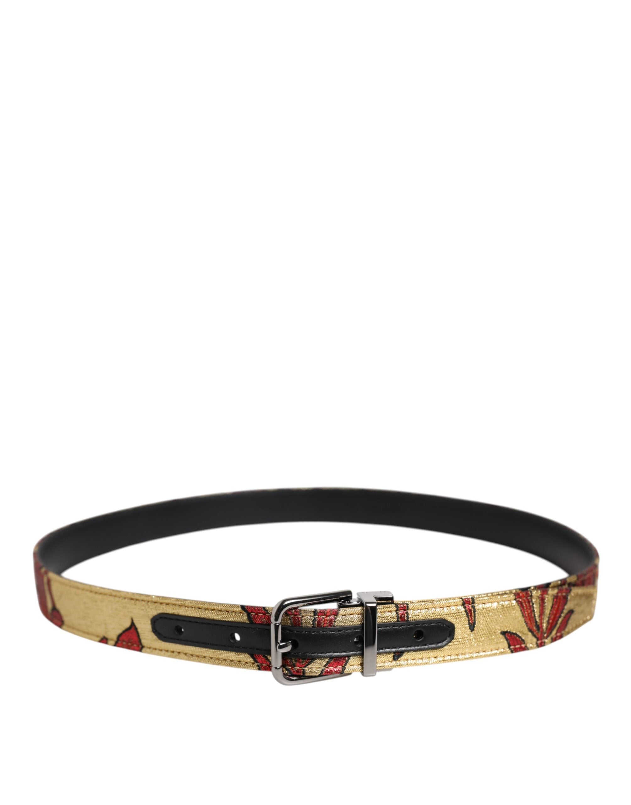 Dolce & Gabbana Gold Floral Jacquard Silver Metal Buckle Men's Belt