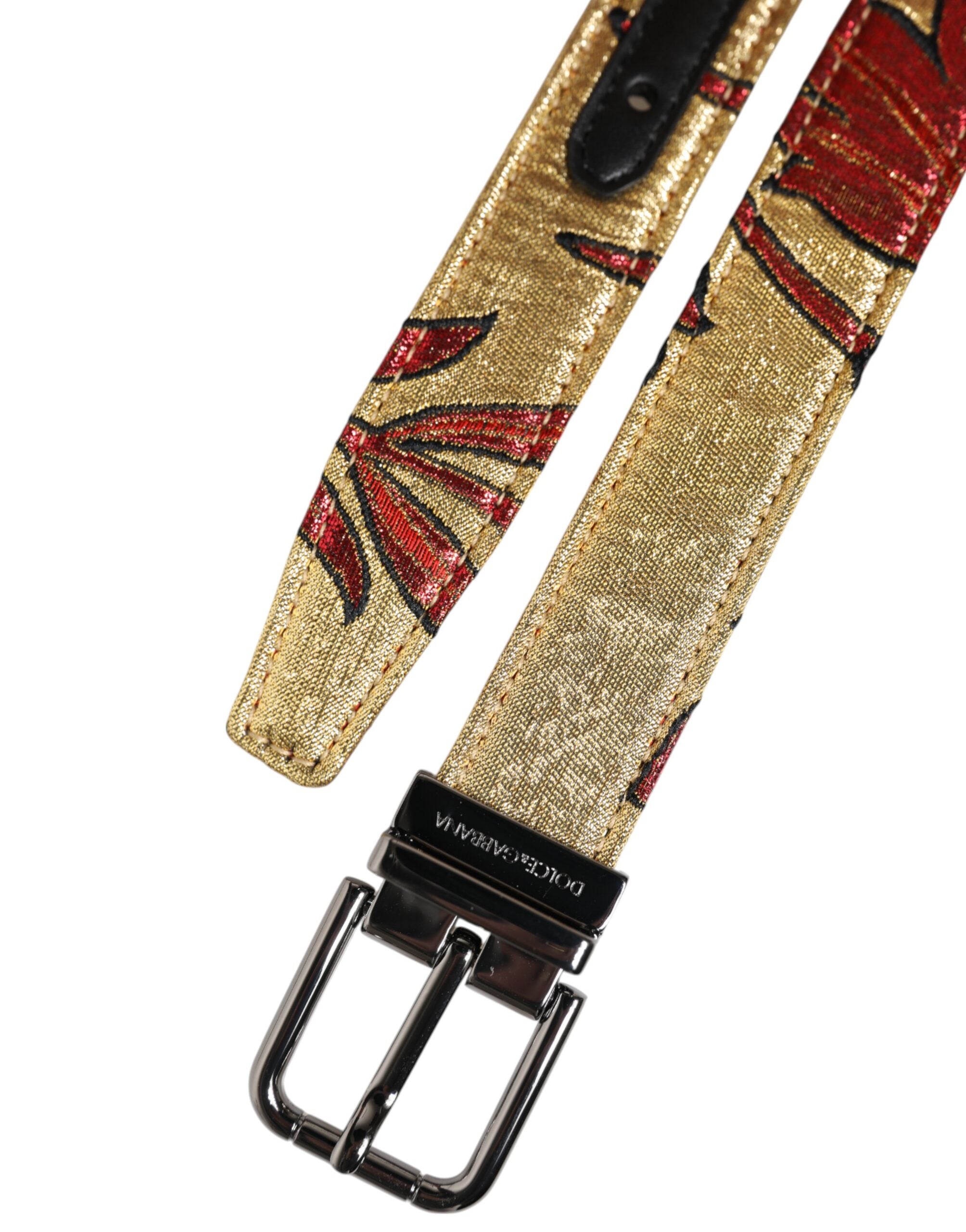 Dolce & Gabbana Gold Floral Jacquard Silver Metal Buckle Men's Belt
