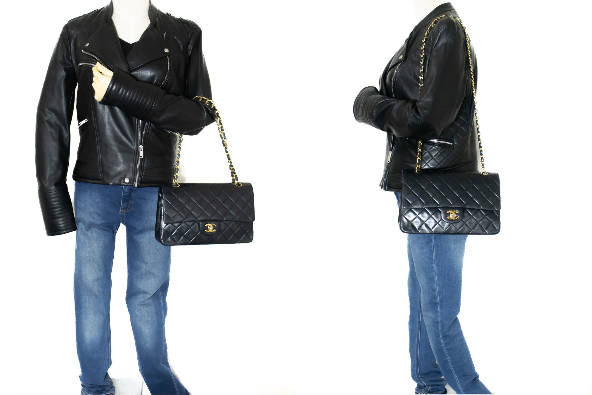 Chanel Double Flap Black Leather Shoulder Bag (Pre-Owned)