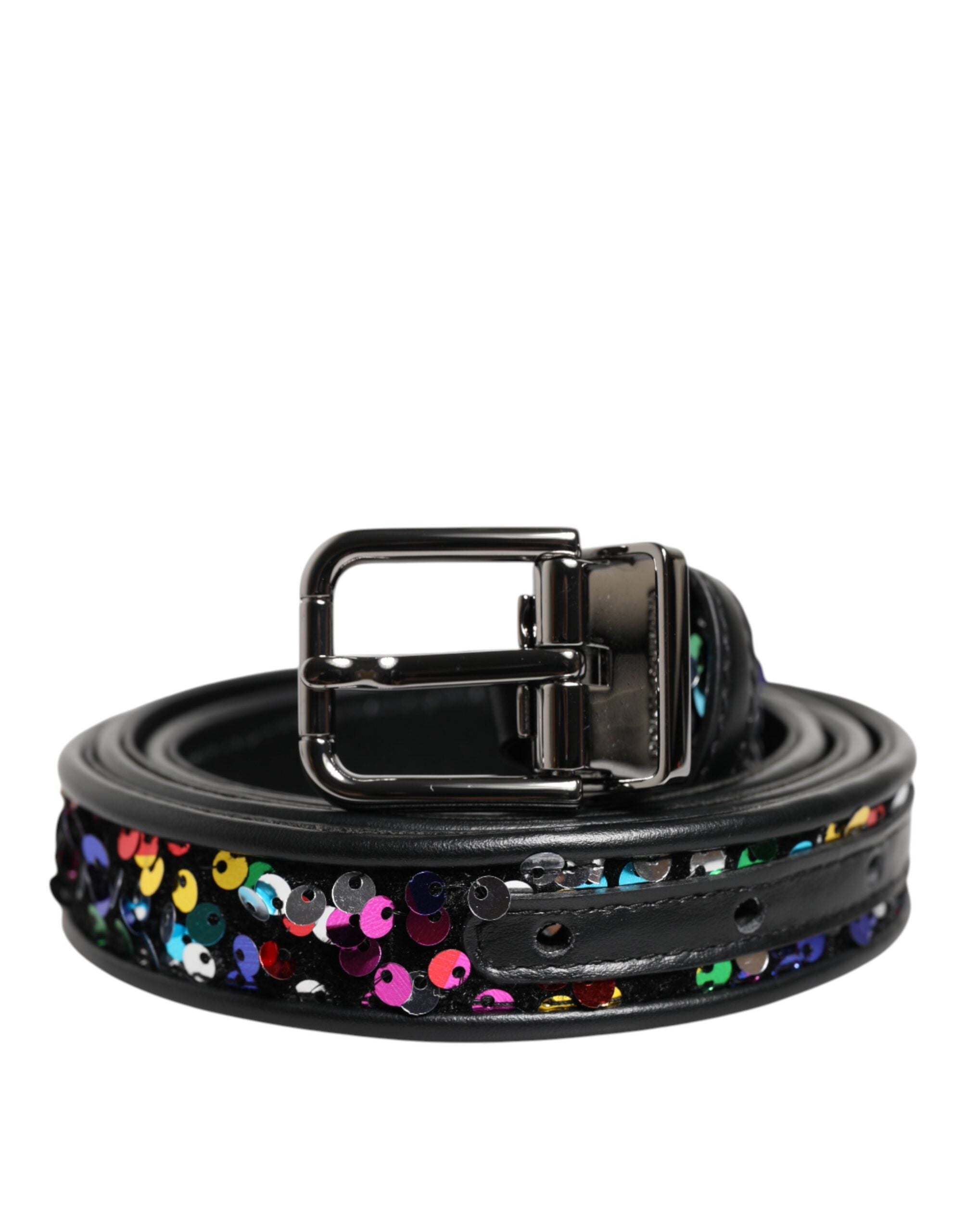 Dolce & Gabbana Black Sequin Embellished Metal Buckle Men's Belt