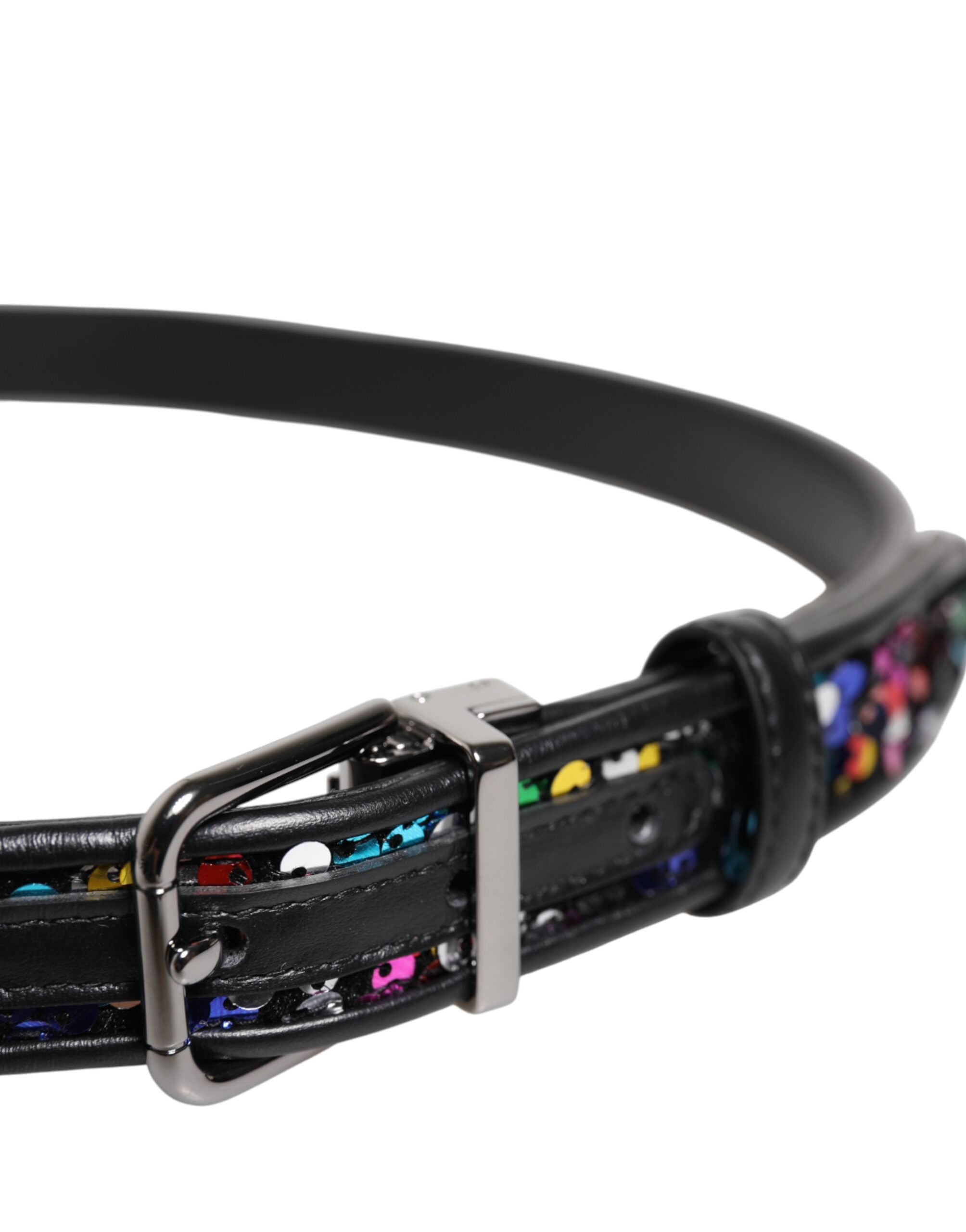 Dolce & Gabbana Black Sequin Embellished Metal Buckle Men's Belt