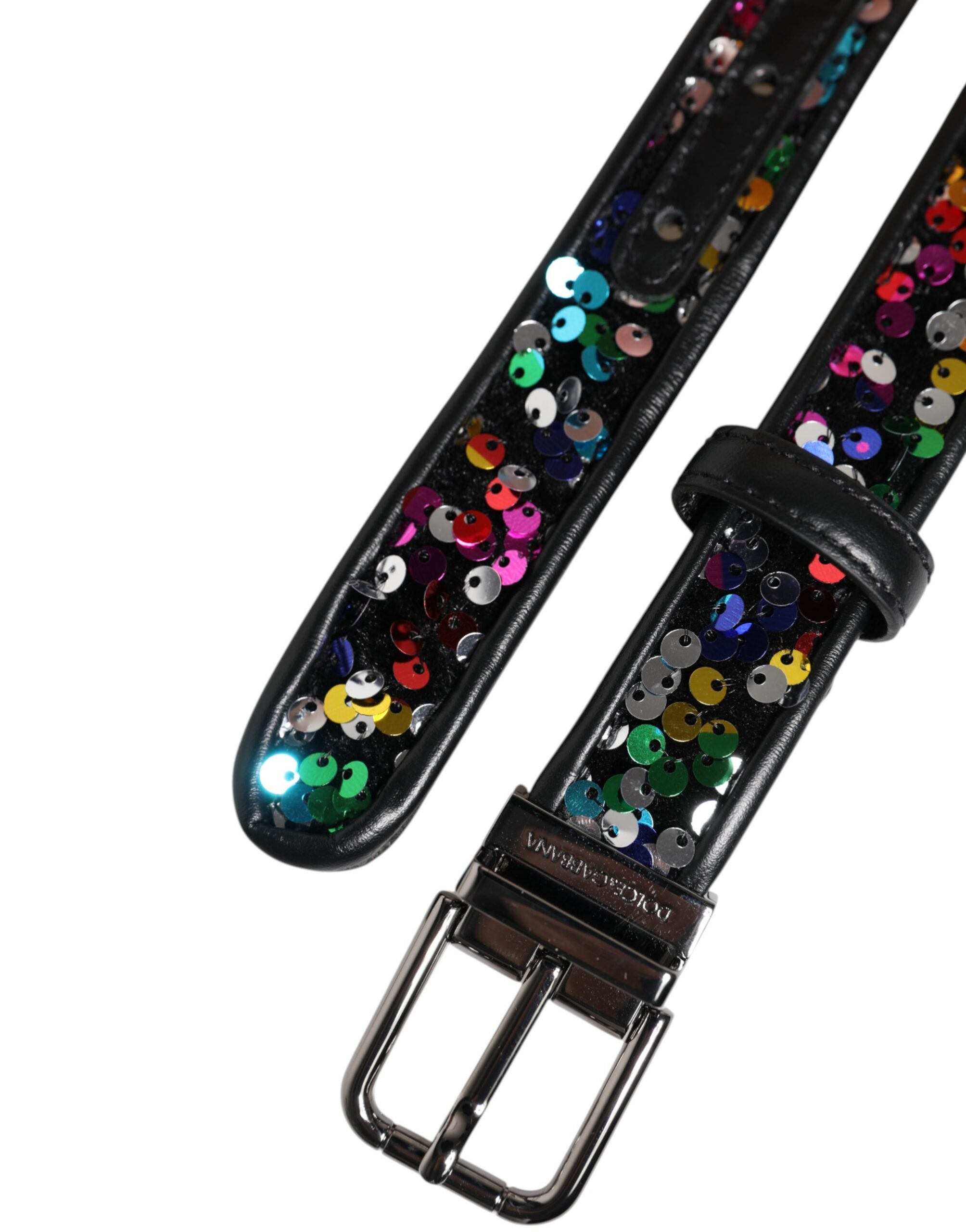 Dolce & Gabbana Black Sequin Embellished Metal Buckle Men's Belt