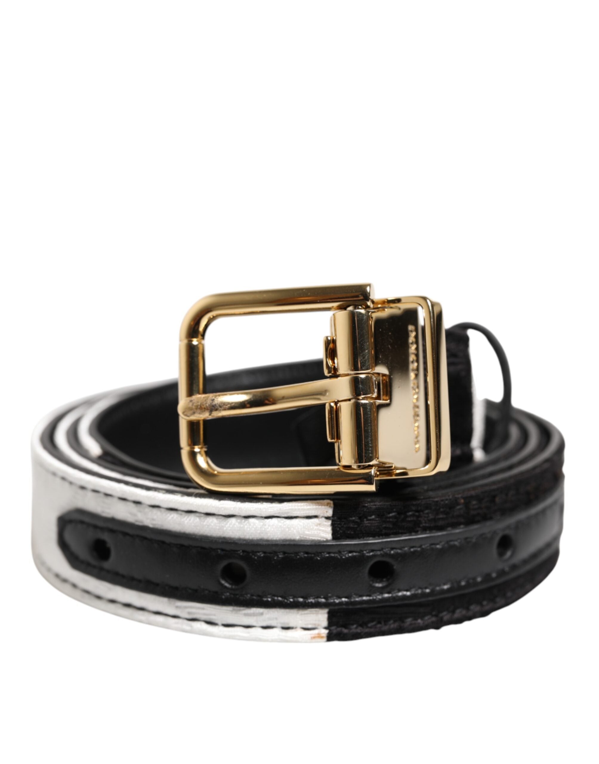 Dolce & Gabbana Black White Patchwork Gold Metal Buckle Women's Belt