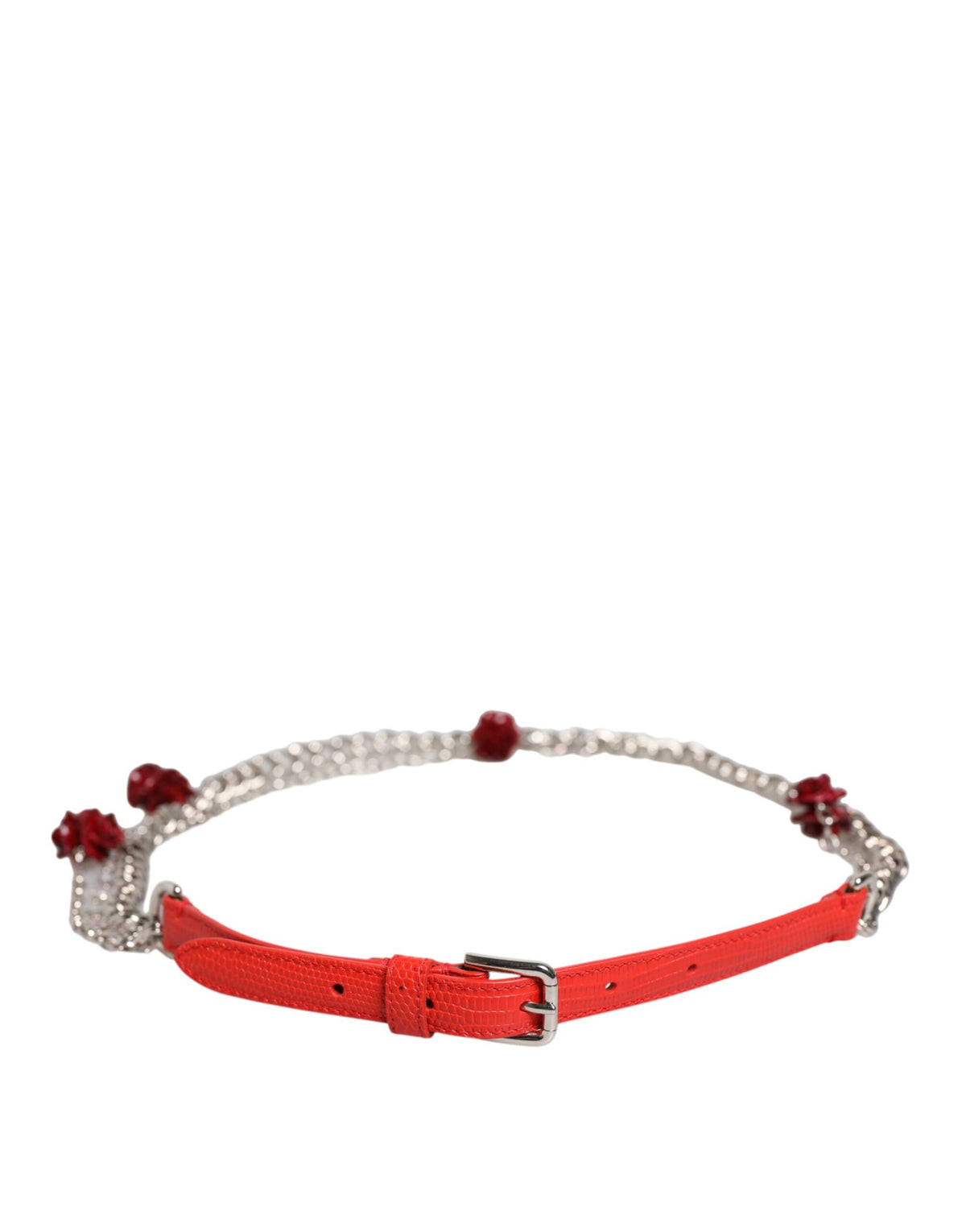Dolce & Gabbana Red Leather Silver Chain Floral Cintura Women's Belt