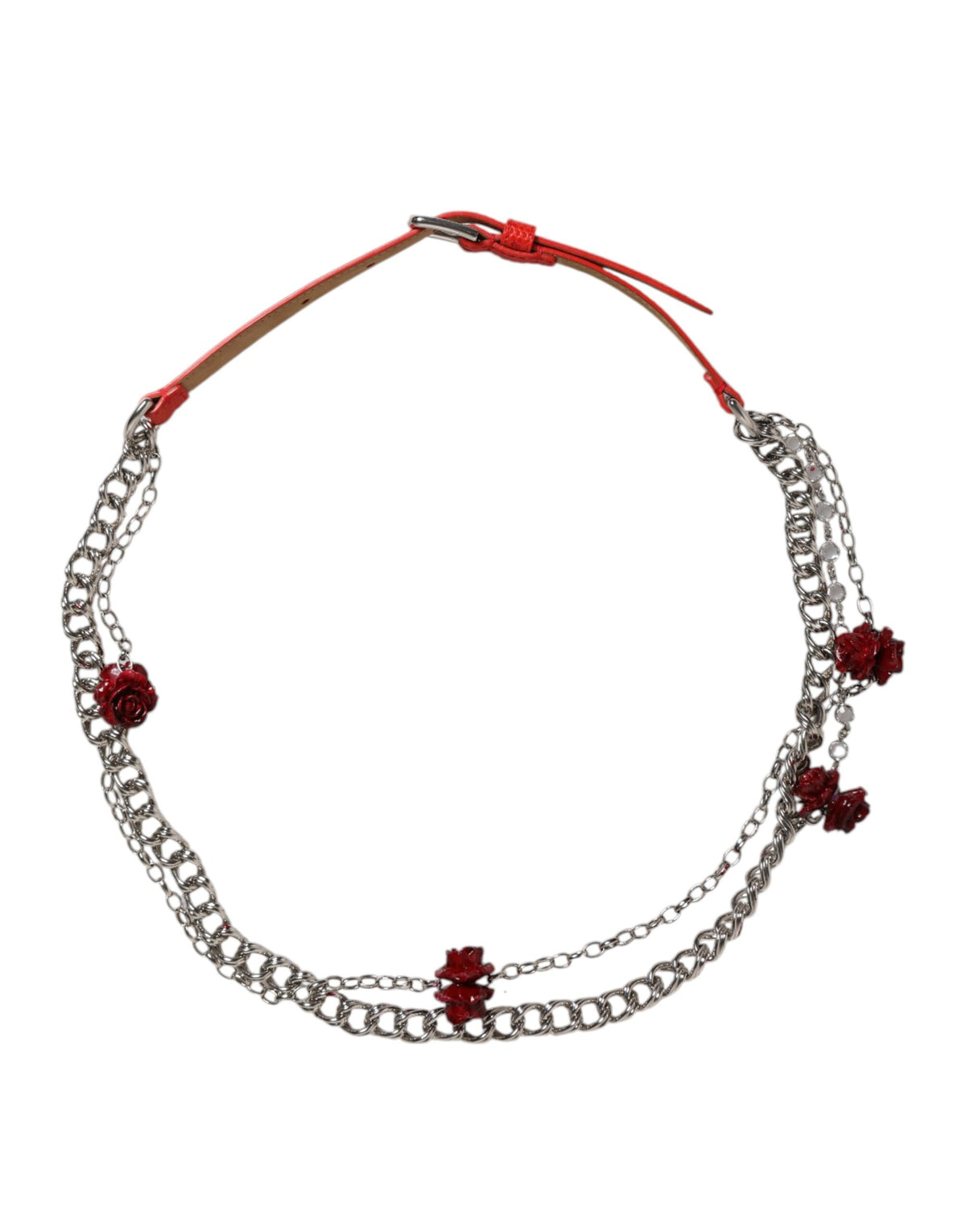 Dolce & Gabbana Red Leather Silver Chain Floral Cintura Women's Belt