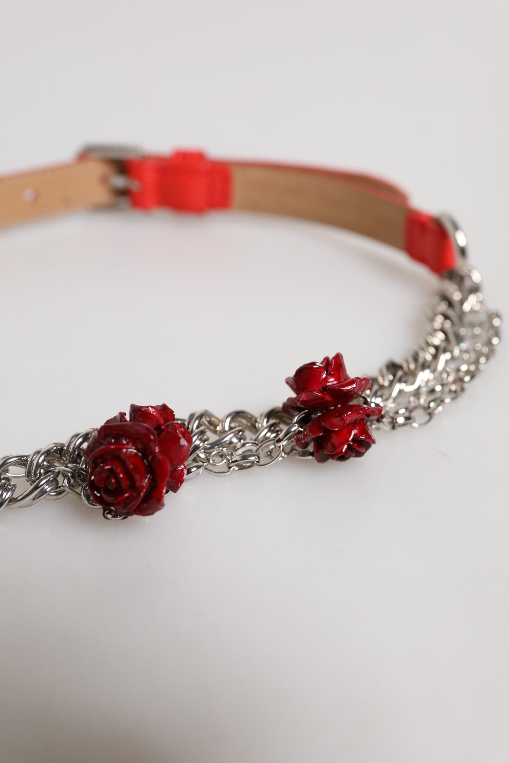 Dolce & Gabbana Red Leather Silver Chain Floral Cintura Women's Belt
