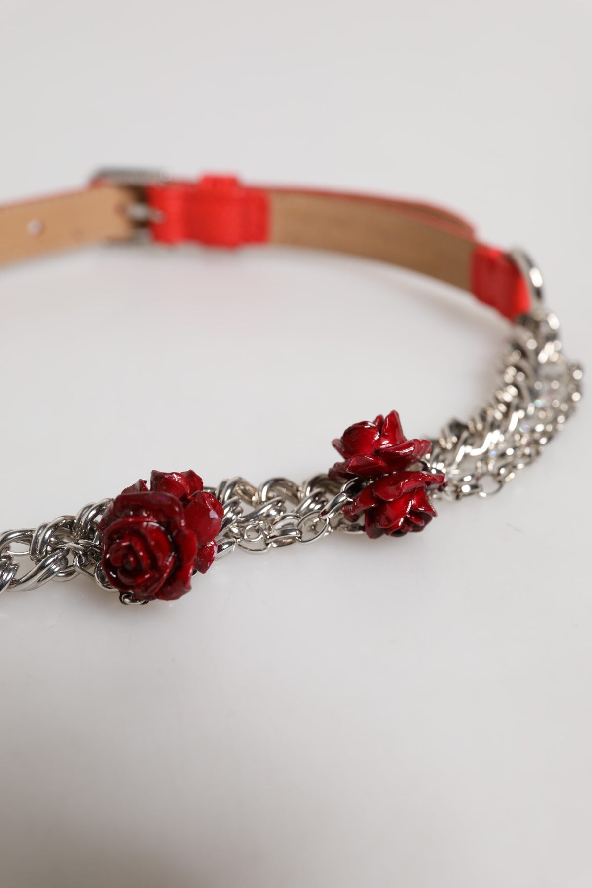 Dolce & Gabbana Red Leather Silver Chain Floral Cintura Women's Belt