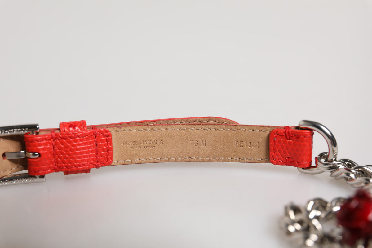 Dolce & Gabbana Red Leather Silver Chain Floral Cintura Women's Belt