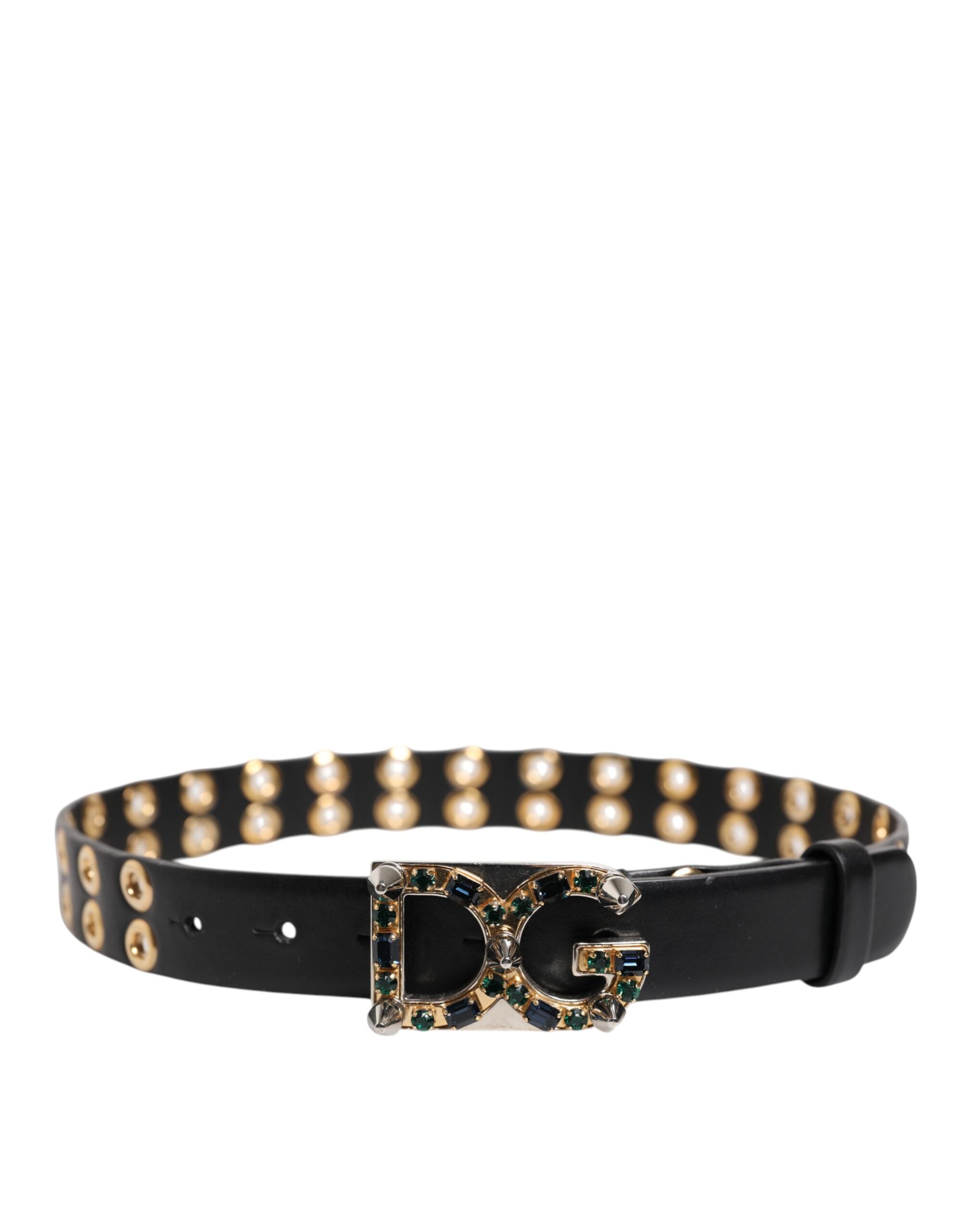 Dolce & Gabbana Black Leather Eyelet Crystal DG Buckle Women's Belt (Pre-Owned)