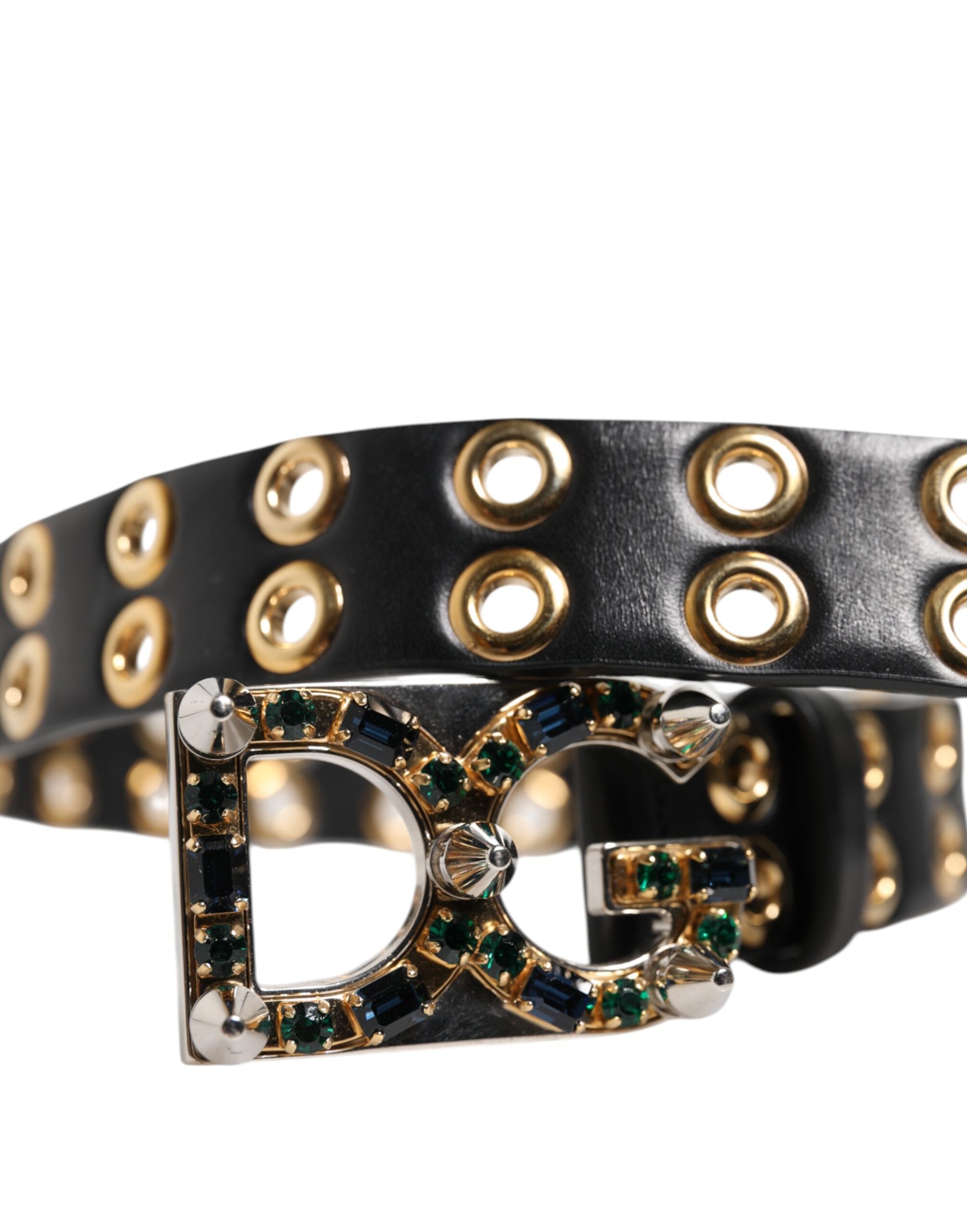 Dolce & Gabbana Black Leather Eyelet Crystal DG Buckle Women's Belt (Pre-Owned)