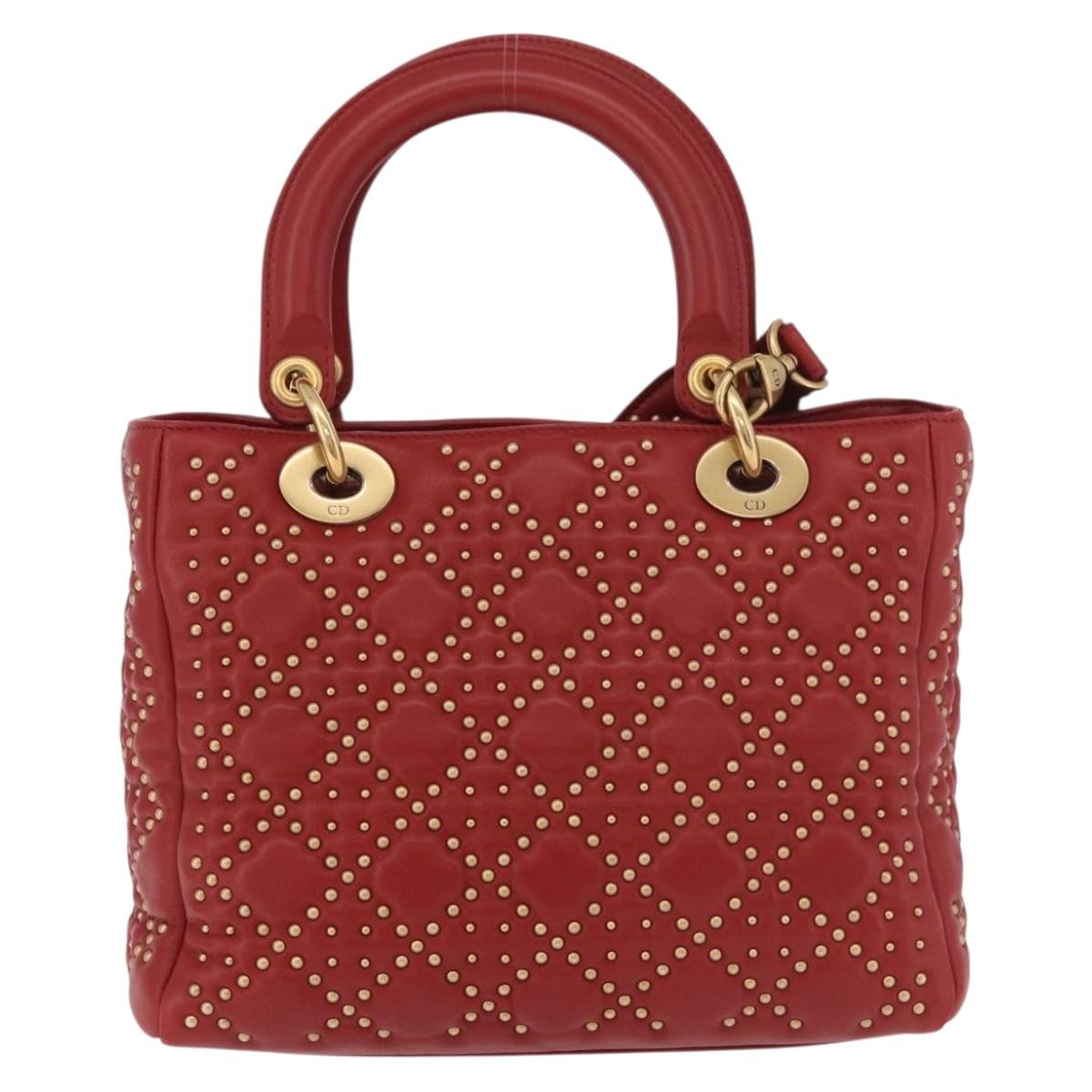Christian Dior Supple Lady Dior Cannage Studded Lambskin Red Leather Handbag (Pre-Owned)