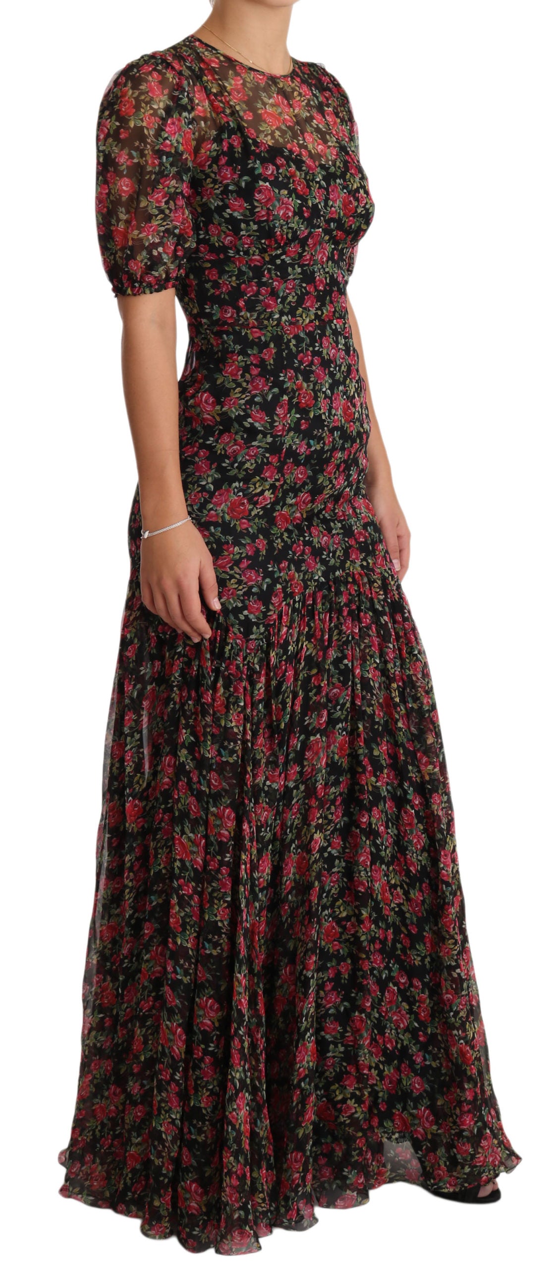 Dolce & Gabbana Black Floral Roses A-Line Shift Gown Women's Dress