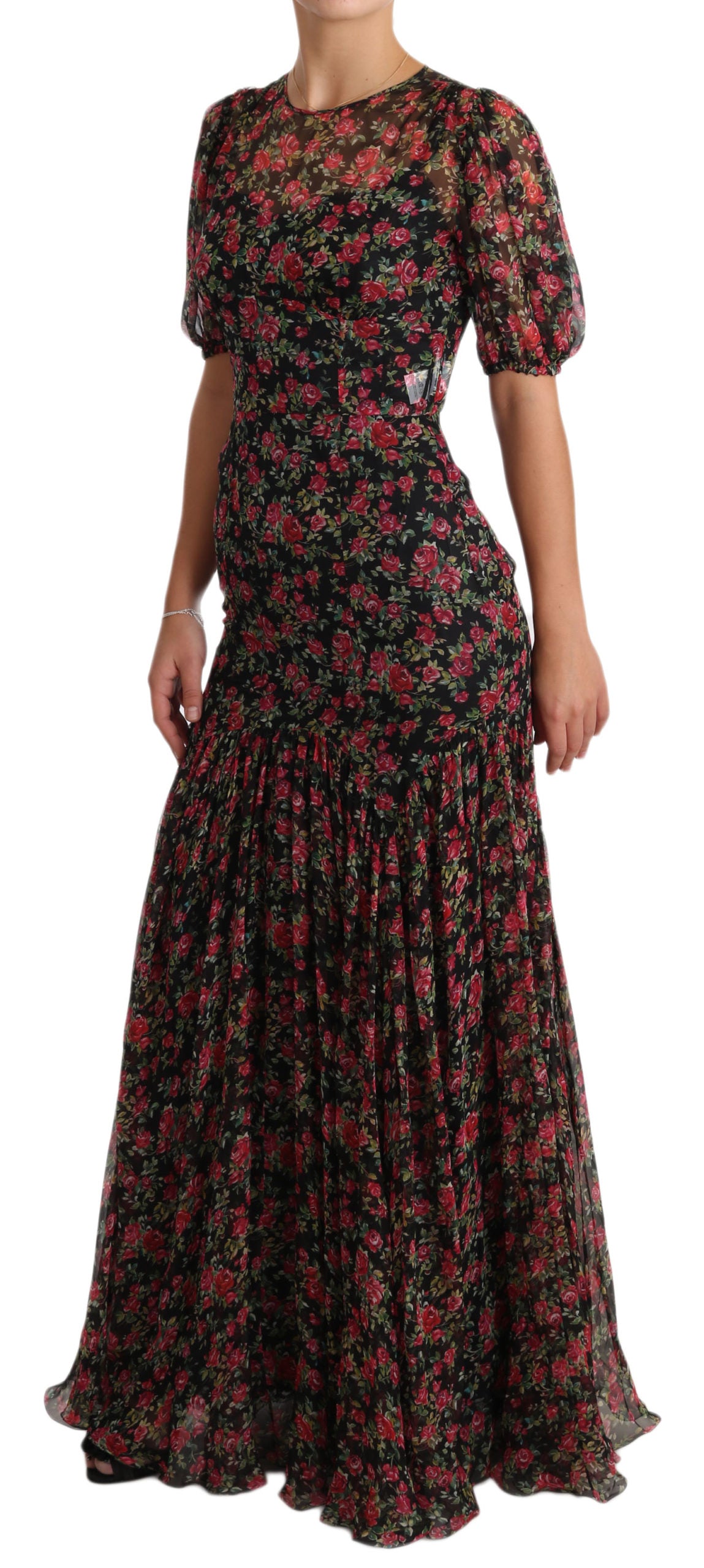 Dolce & Gabbana Black Floral Roses A-Line Shift Gown Women's Dress