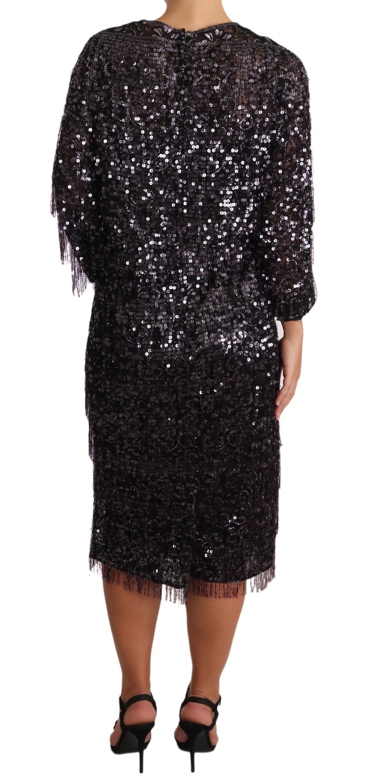 Dolce & Gabbana Black Sequined Long Sleeve Shift Midi Women's Dress