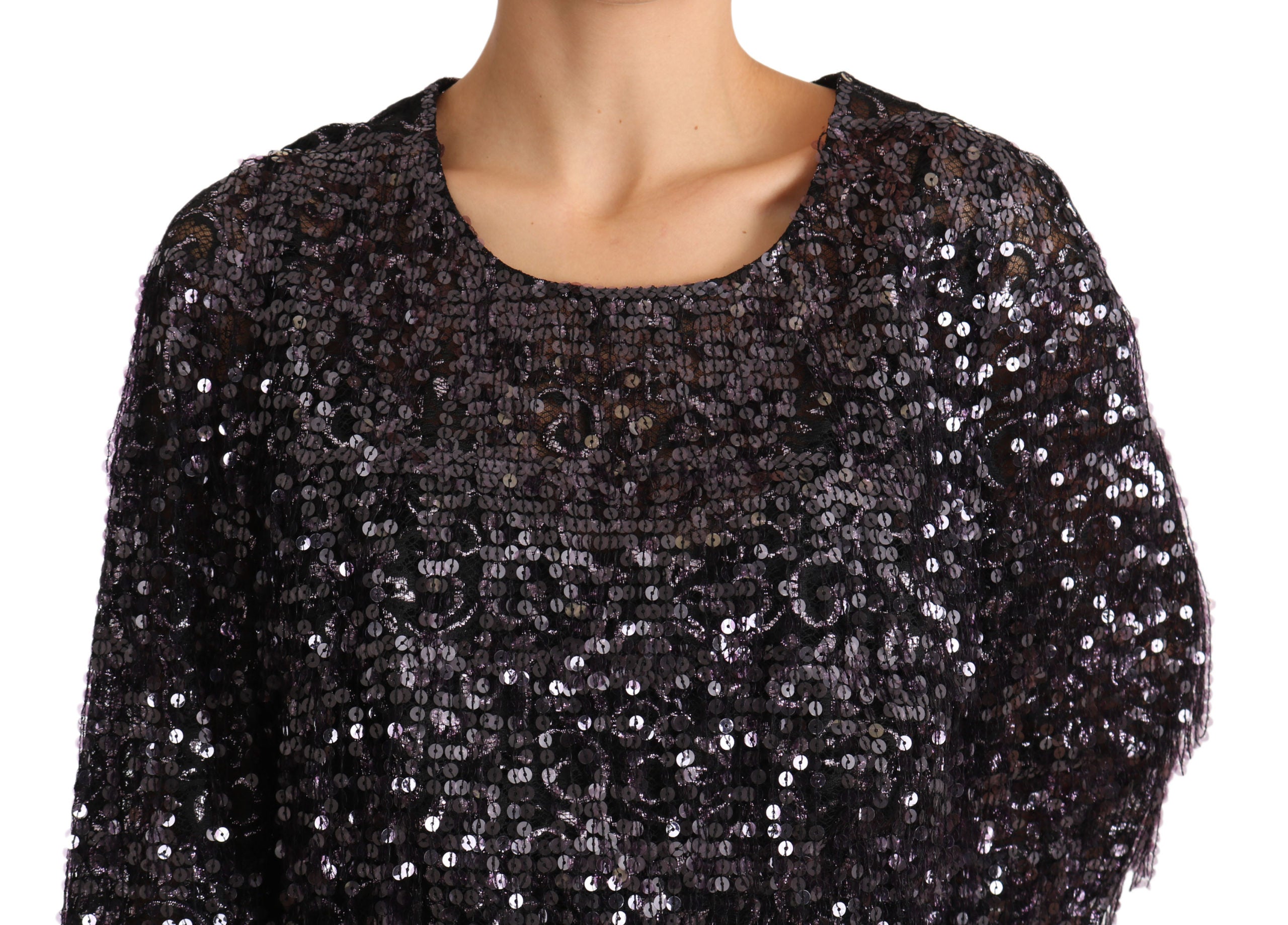 Dolce & Gabbana Black Sequined Long Sleeve Shift Midi Women's Dress