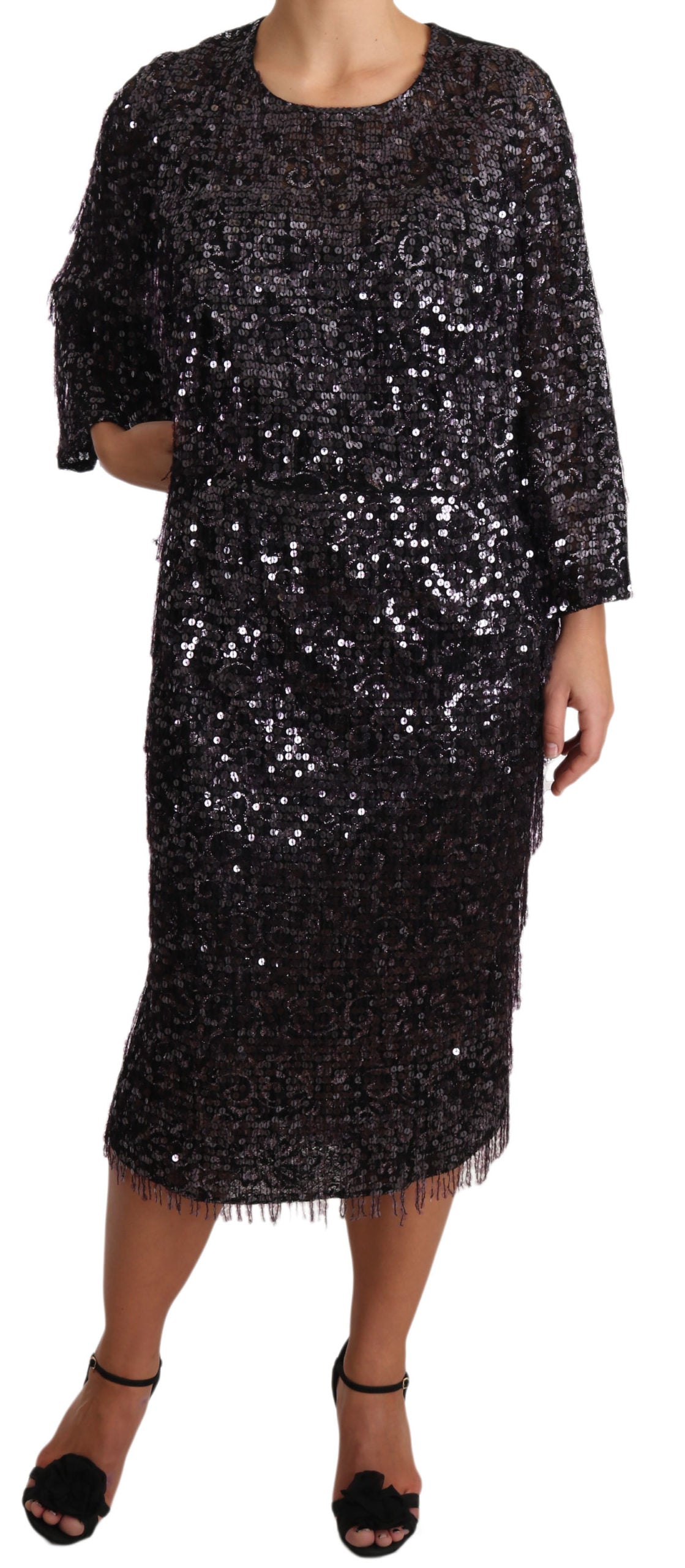 Dolce & Gabbana Black Sequined Long Sleeve Shift Midi Women's Dress