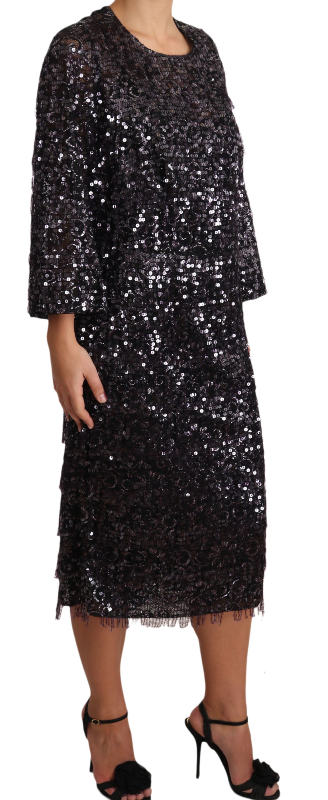 Dolce & Gabbana Black Sequined Long Sleeve Shift Midi Women's Dress