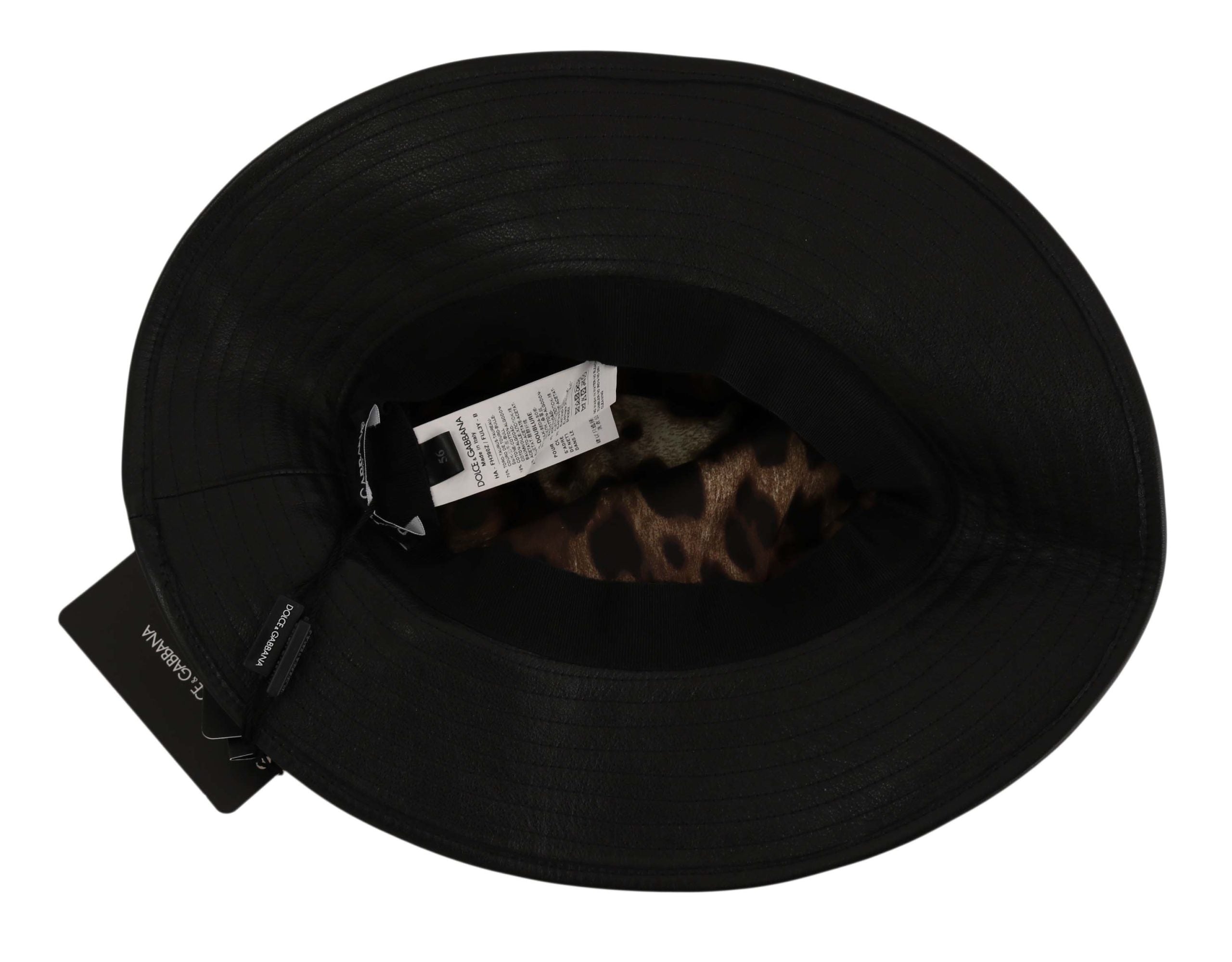 Dolce & Gabbana Black Leather DG Coin Crystal Wide Brim Women's Hat