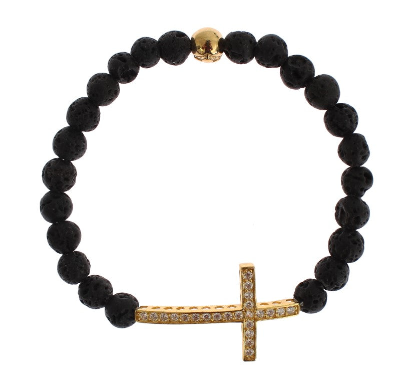 Nialaya Lava Stone Gold Clear CZ Cross 925 Silver Women's Bracelet