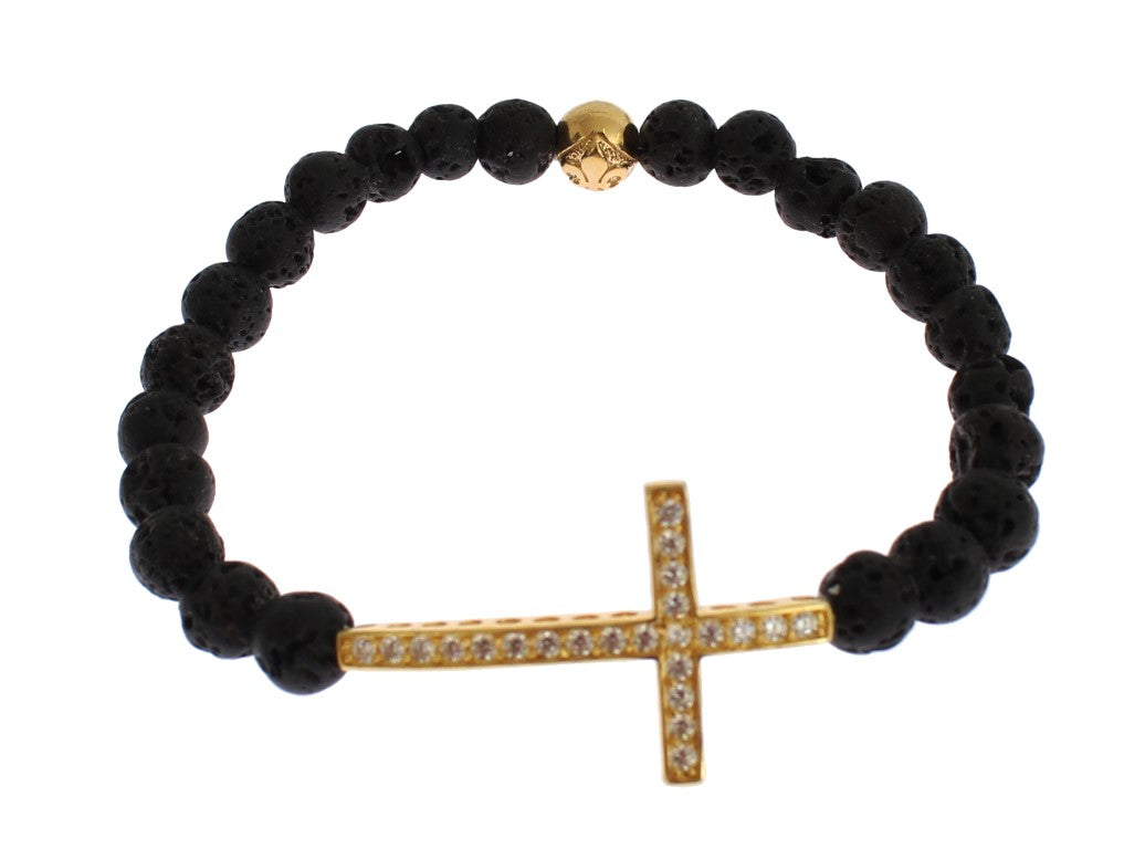 Nialaya Lava Stone Gold Clear CZ Cross 925 Silver Women's Bracelet