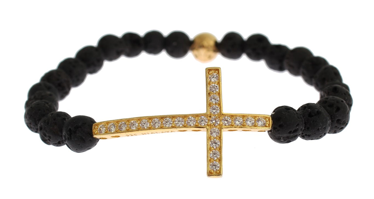 Nialaya Lava Stone Gold Clear CZ Cross 925 Silver Women's Bracelet