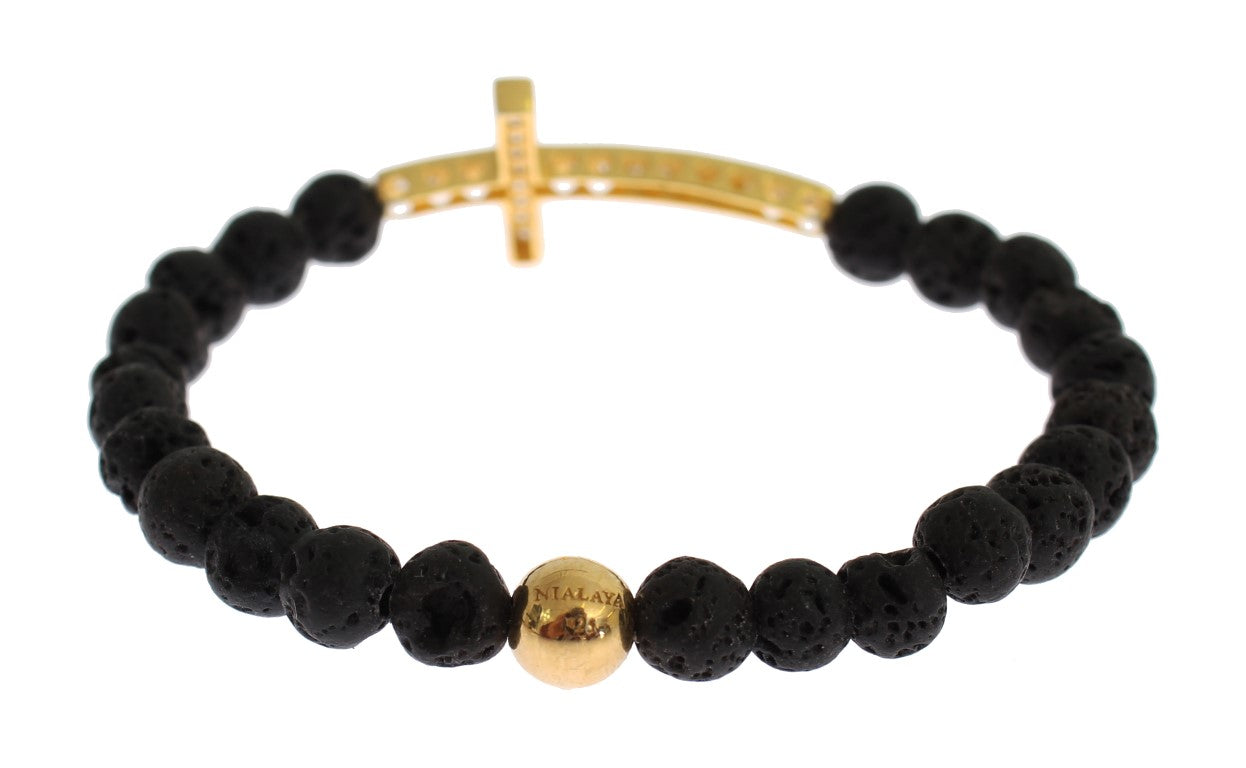 Nialaya Lava Stone Gold Clear CZ Cross 925 Silver Women's Bracelet
