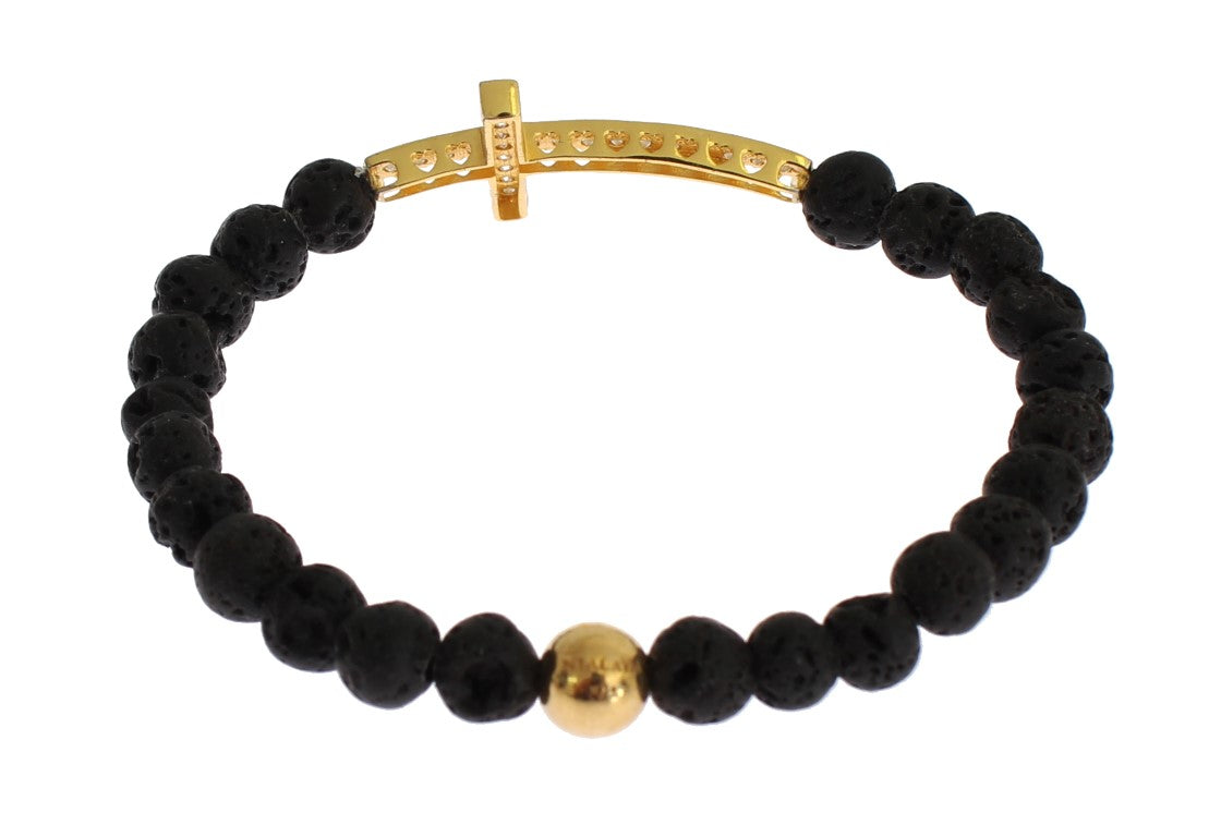 Nialaya Lava Stone Gold Clear CZ Cross 925 Silver Women's Bracelet