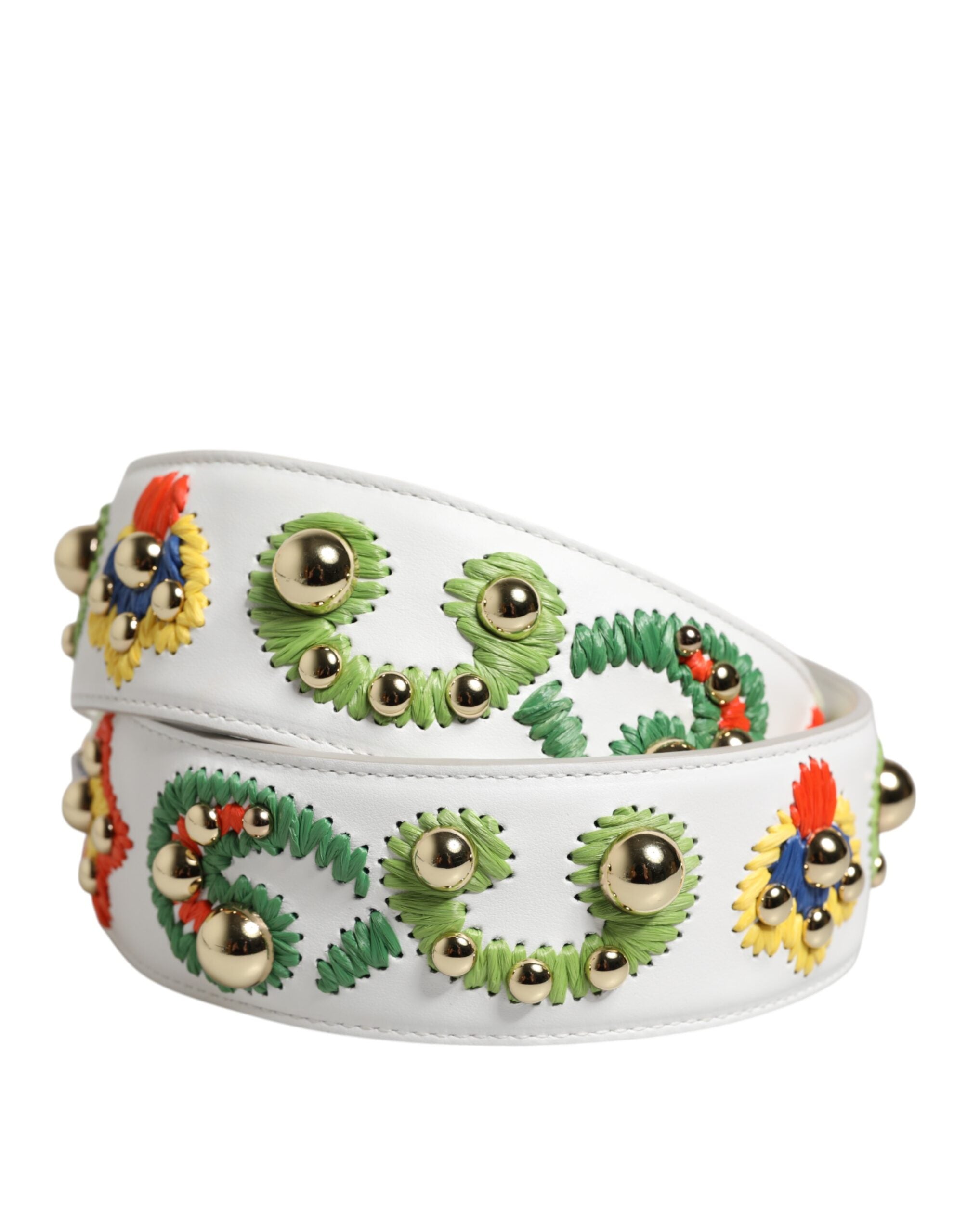 Dolce & Gabbana White Calfskin Raffia Embroidered Patchwork Shoulder Women's Strap (Pre-Owned)