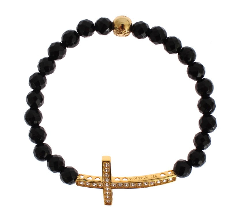 Nialaya Agate Stone Gold CZ Cross 925 Silver Women's Bracelet