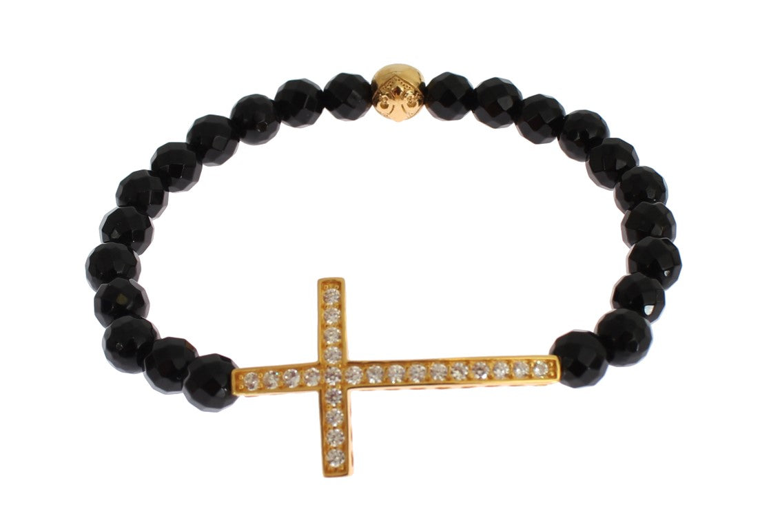 Nialaya Agate Stone Gold CZ Cross 925 Silver Women's Bracelet