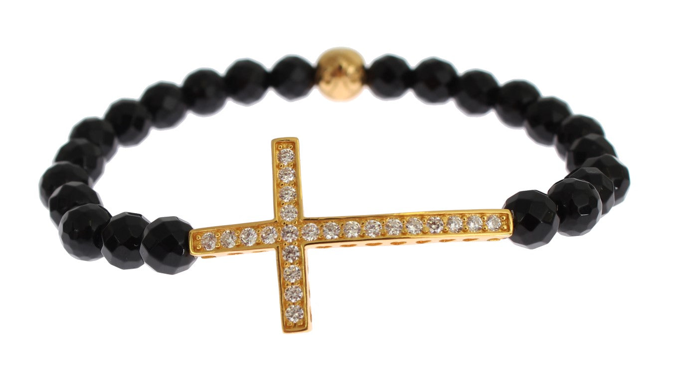 Nialaya Agate Stone Gold CZ Cross 925 Silver Women's Bracelet