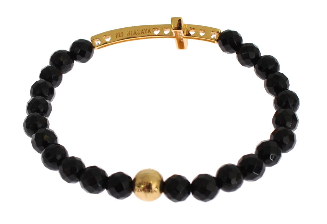 Nialaya Agate Stone Gold CZ Cross 925 Silver Women's Bracelet