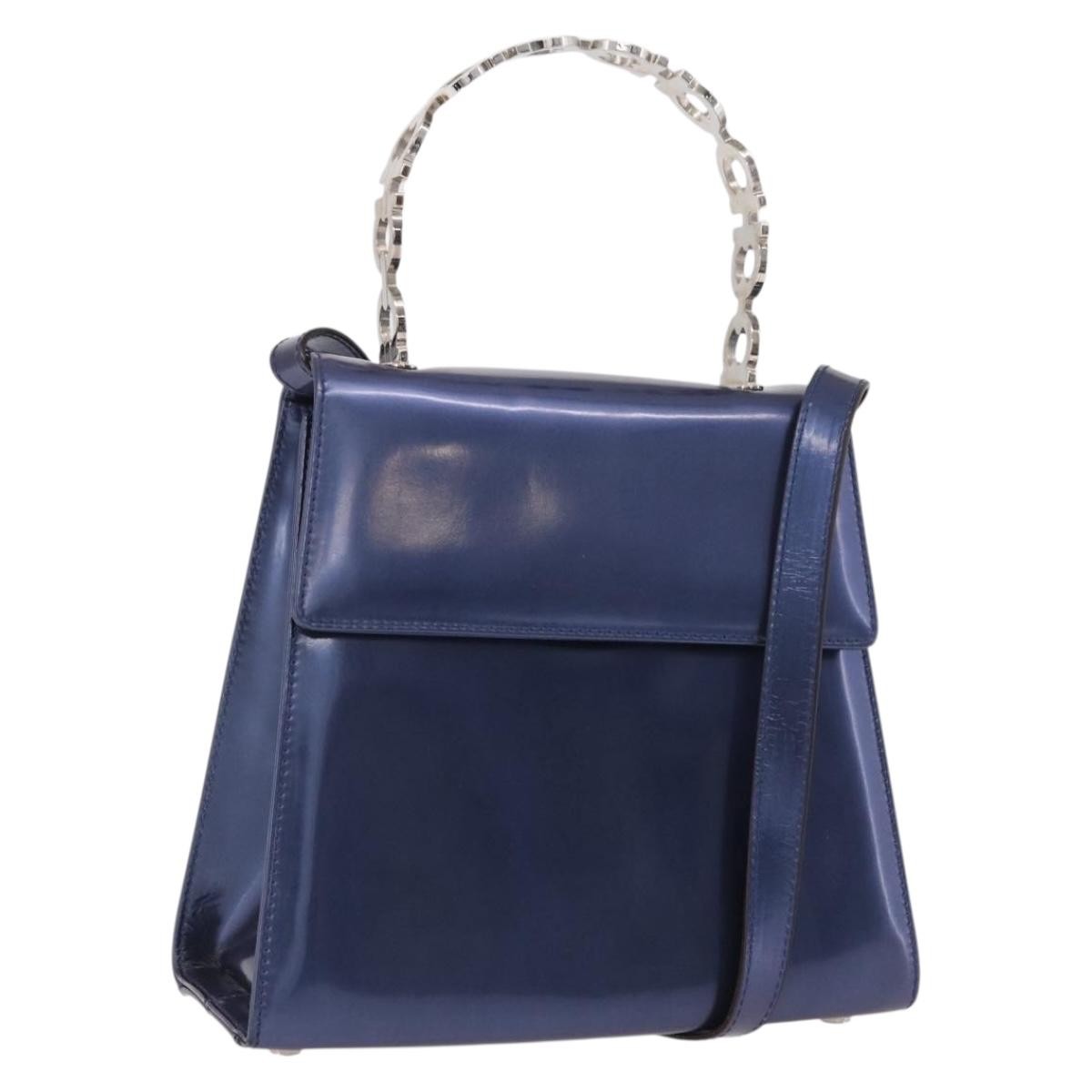 Salvatore Ferragamo Gancini Envelope Top Handle Leather Navy Patent_Leather Handbag (Pre-Owned)