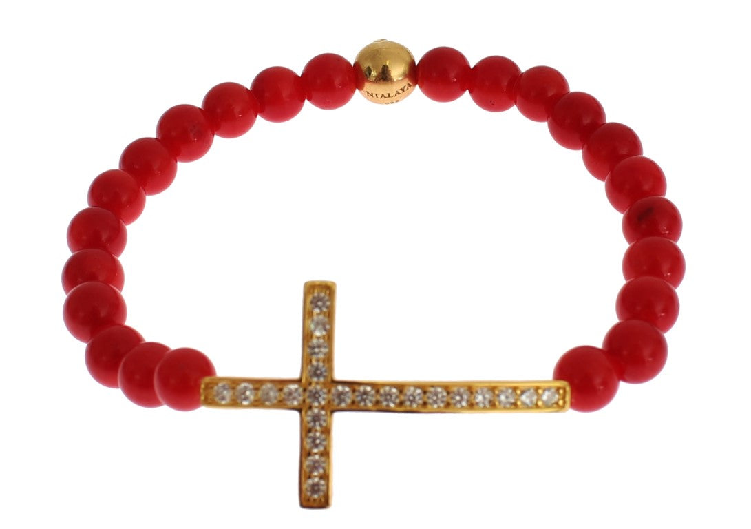 Nialaya Red Coral Gold CZ Cross 925 Silver Women's Bracelet