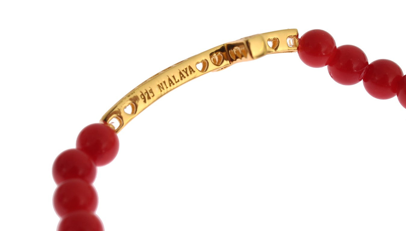 Nialaya Red Coral Gold CZ Cross 925 Silver Women's Bracelet