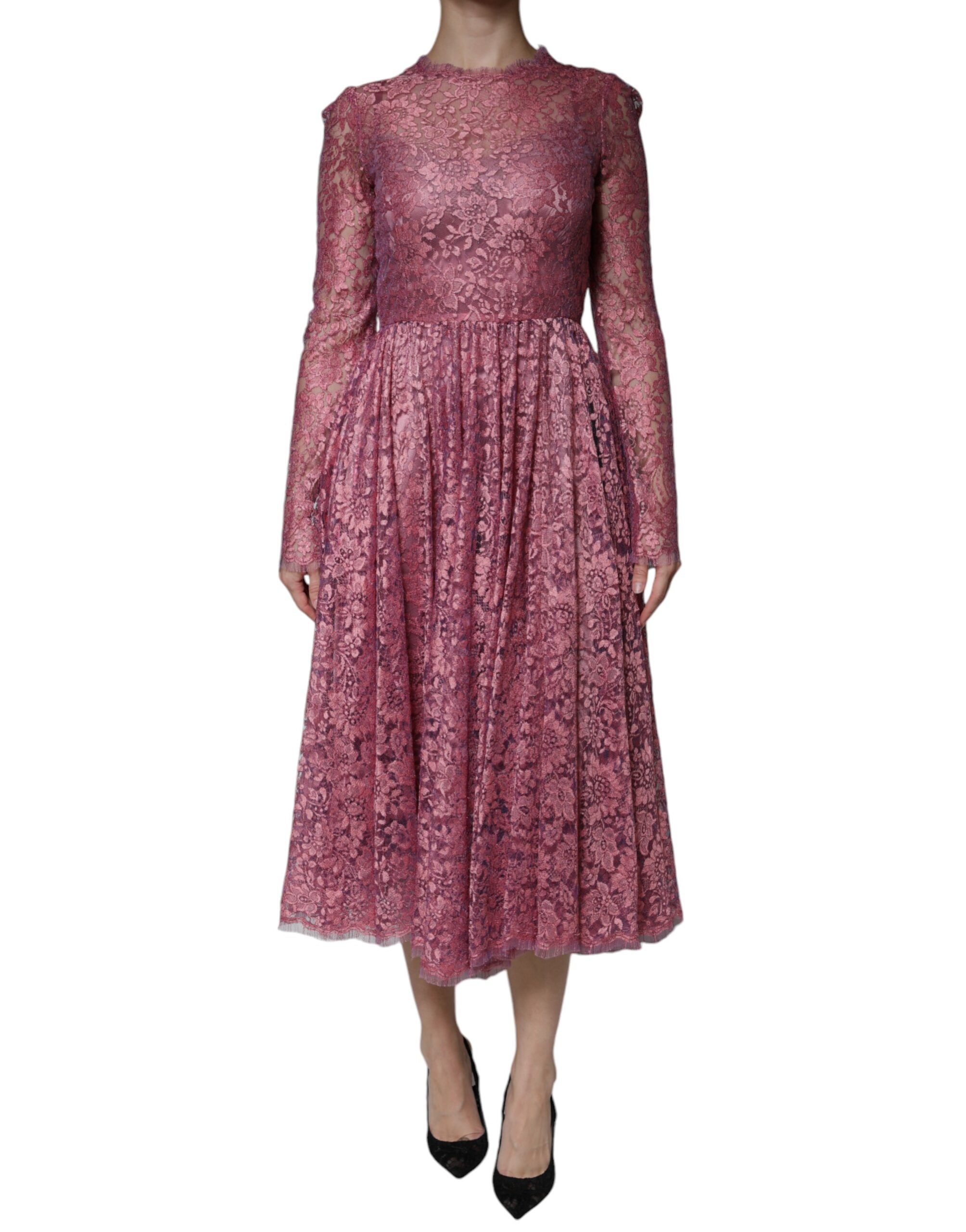 Dolce & Gabbana Pink Floral Lace Long Sleeve Midi Women's Dress (Pre-Owned)