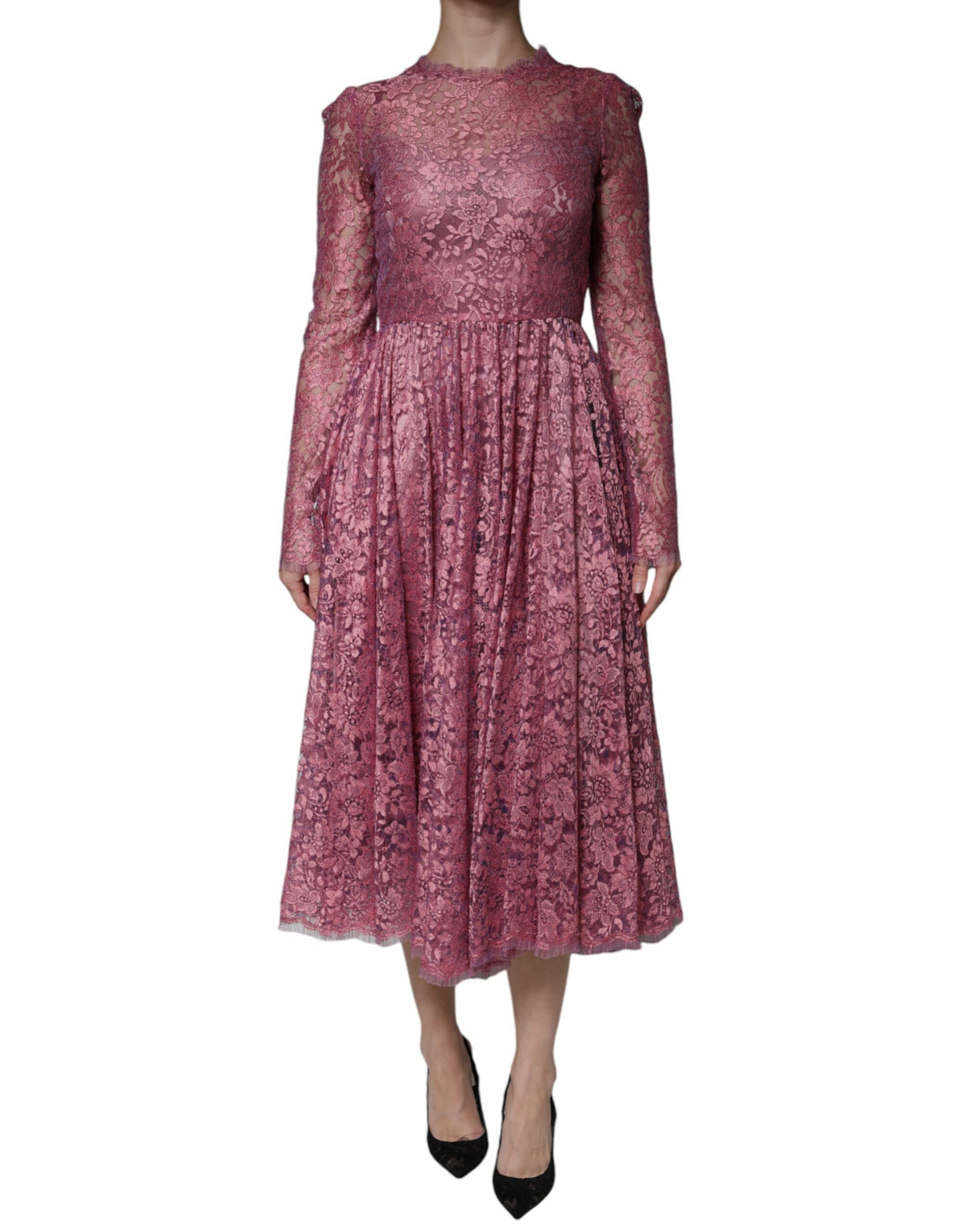 Dolce & Gabbana Pink Floral Lace Long Sleeve Midi Women's Dress (Pre-Owned)