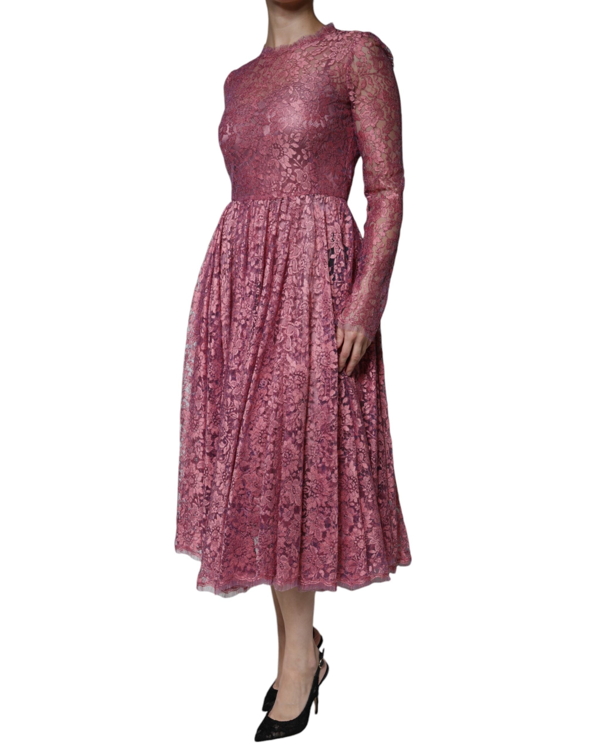 Dolce & Gabbana Pink Floral Lace Long Sleeve Midi Women's Dress (Pre-Owned)