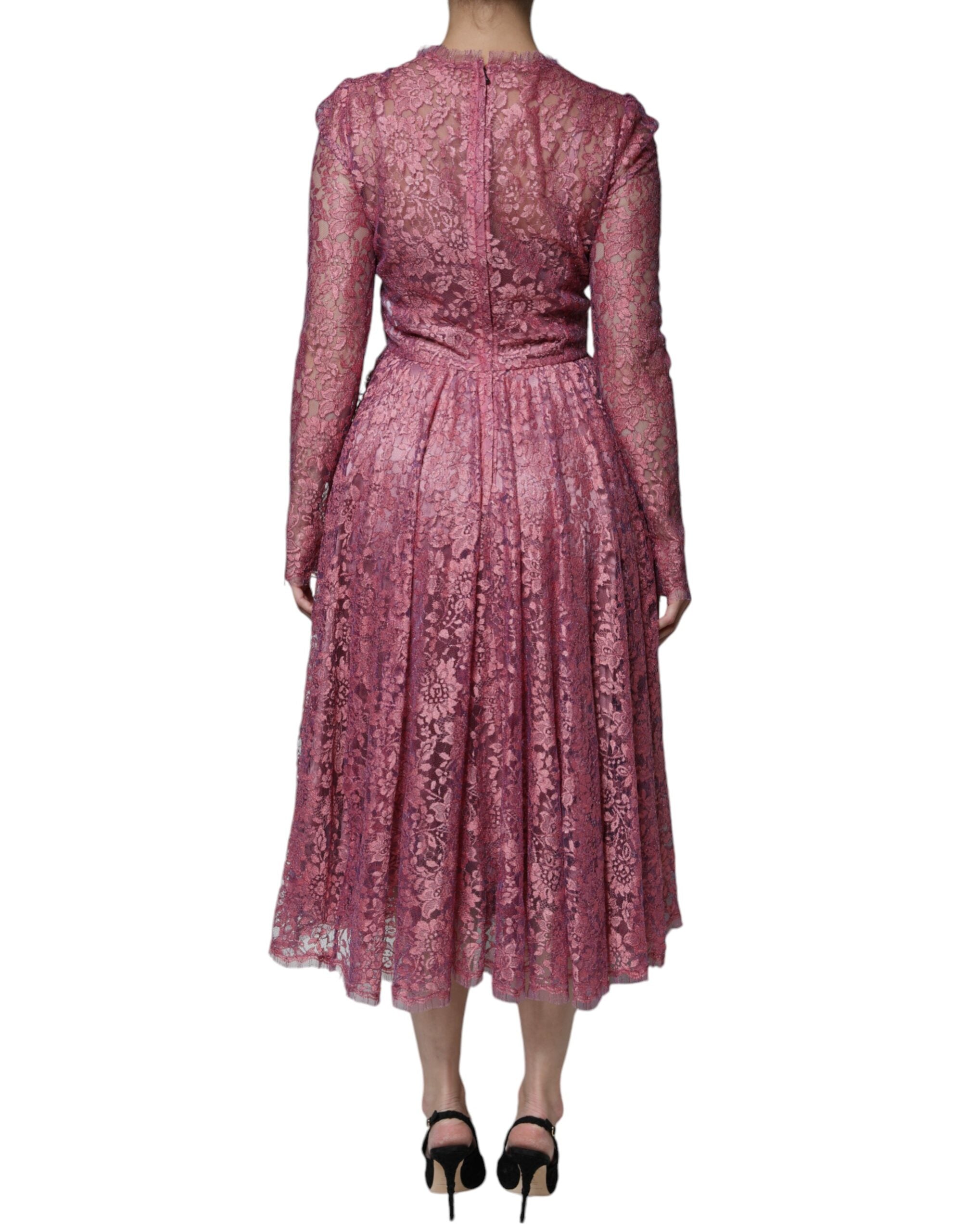 Dolce & Gabbana Pink Floral Lace Long Sleeve Midi Women's Dress (Pre-Owned)