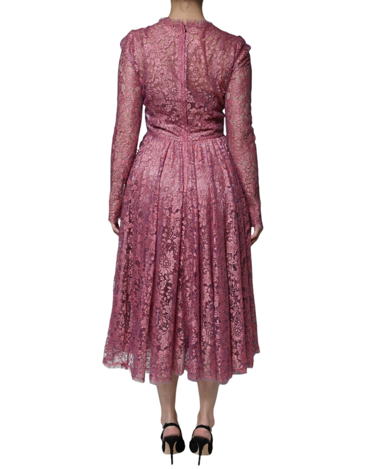 Dolce & Gabbana Pink Floral Lace Long Sleeve Midi Women's Dress (Pre-Owned)