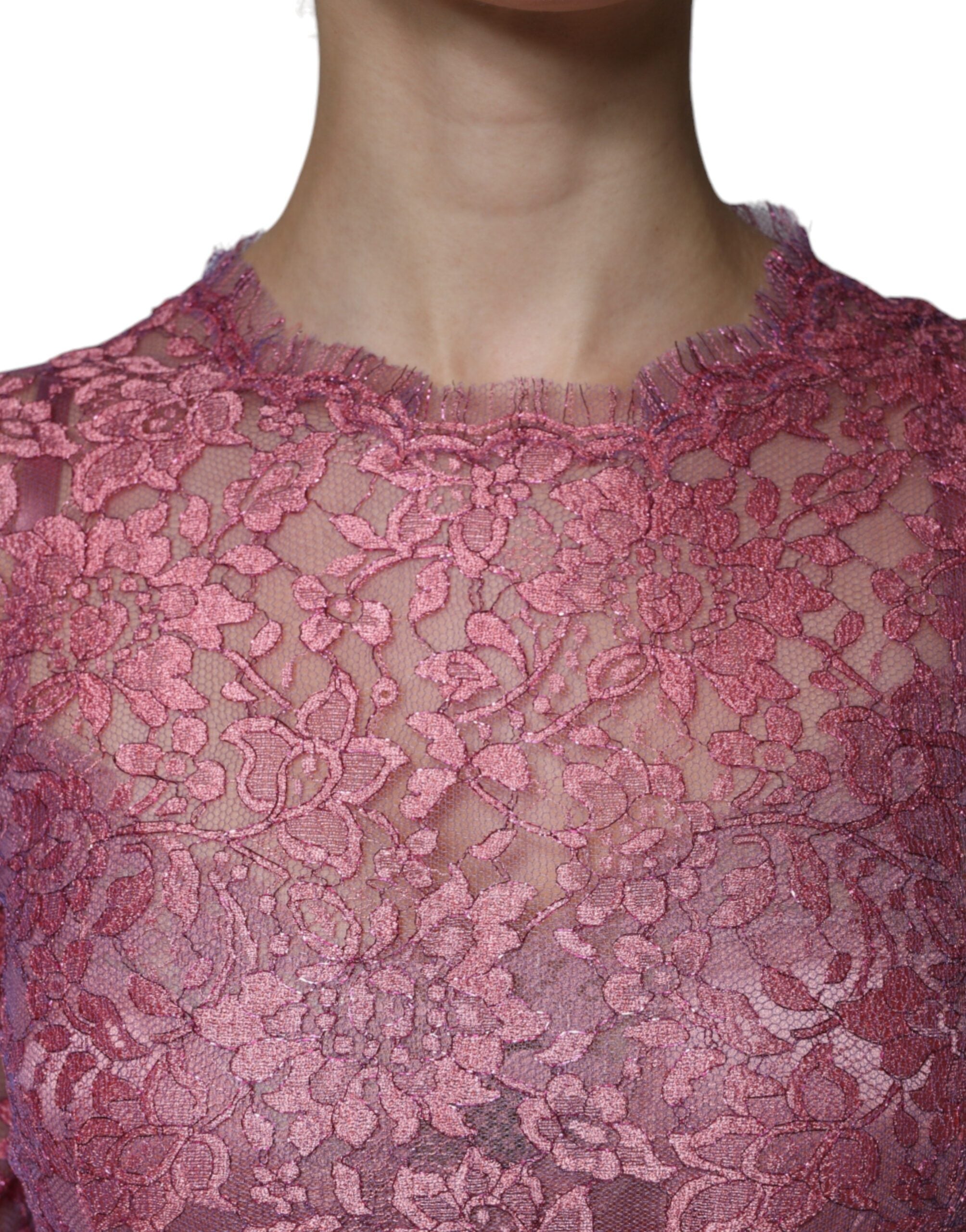 Dolce & Gabbana Pink Floral Lace Long Sleeve Midi Women's Dress (Pre-Owned)