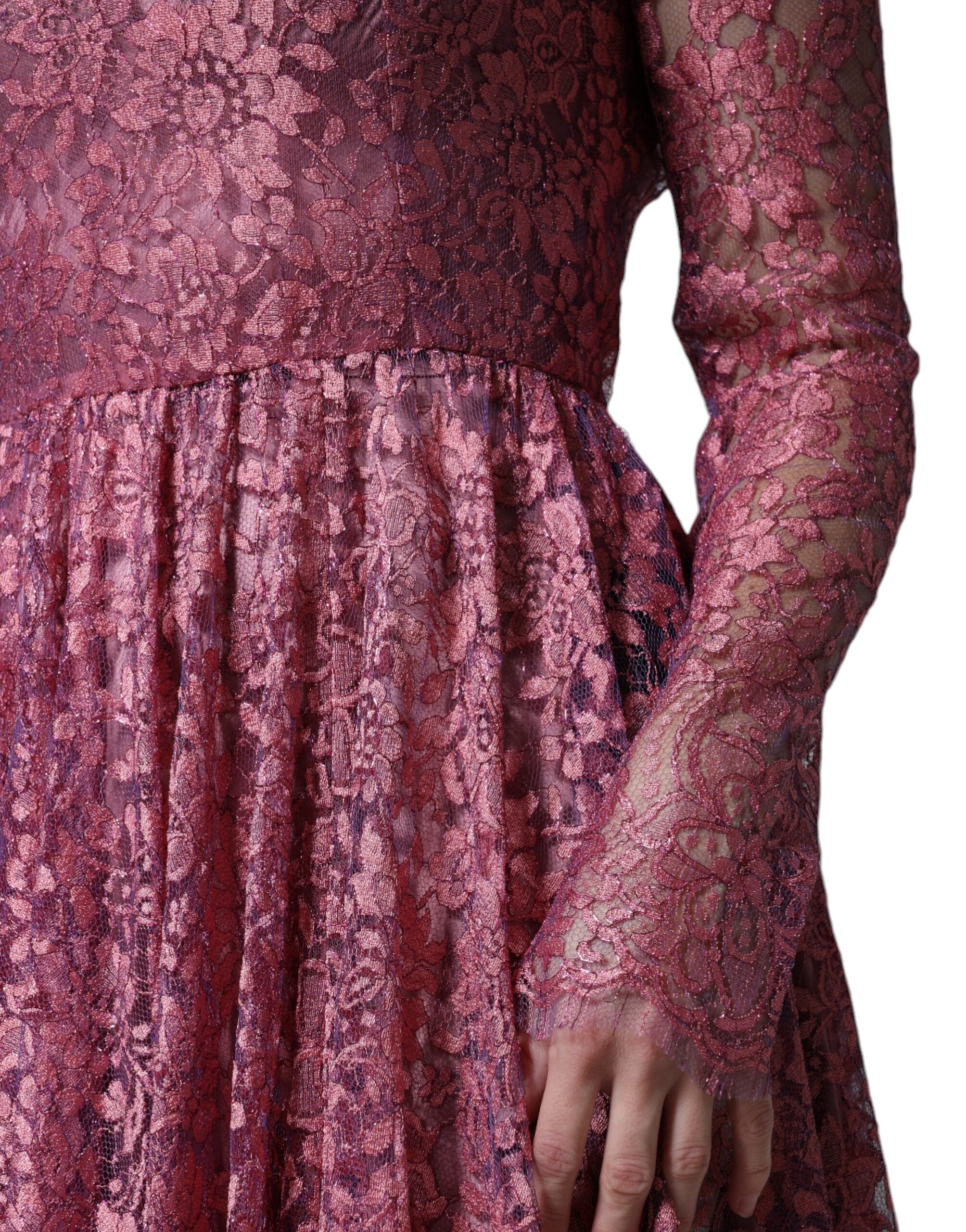 Dolce & Gabbana Pink Floral Lace Long Sleeve Midi Women's Dress (Pre-Owned)
