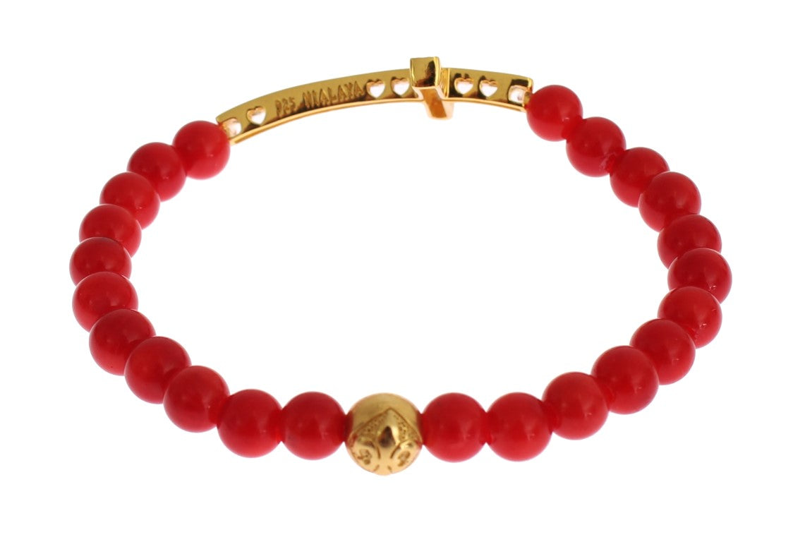 Nialaya Red Coral Gold CZ Cross 925 Silver Women's Bracelet