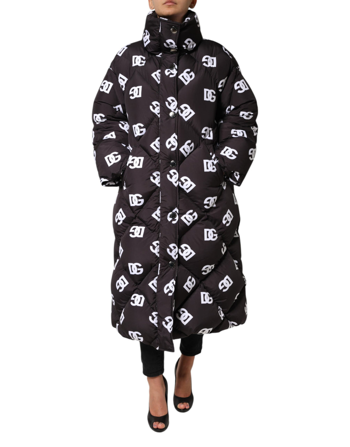 Dolce & Gabbana Black DG Mania Puffer Quilted Long Coat Women's Jacket