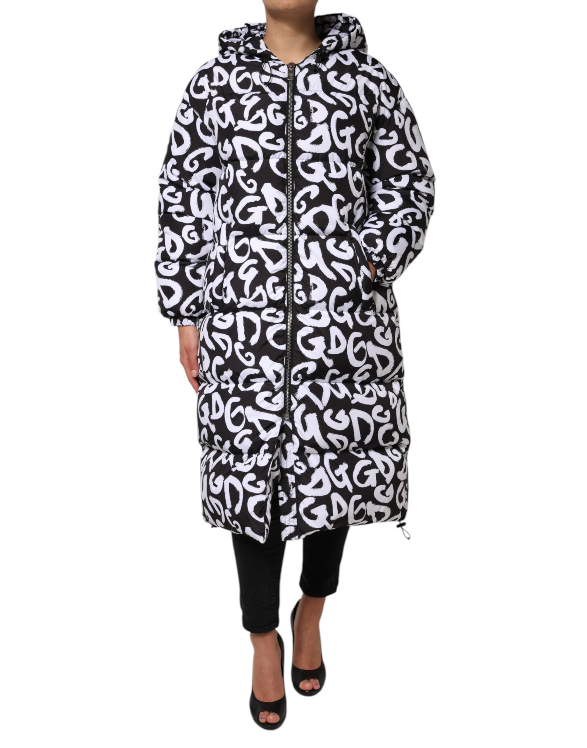 Dolce & Gabbana Black White DG Mania Hooded Long Coat Women's Jacket