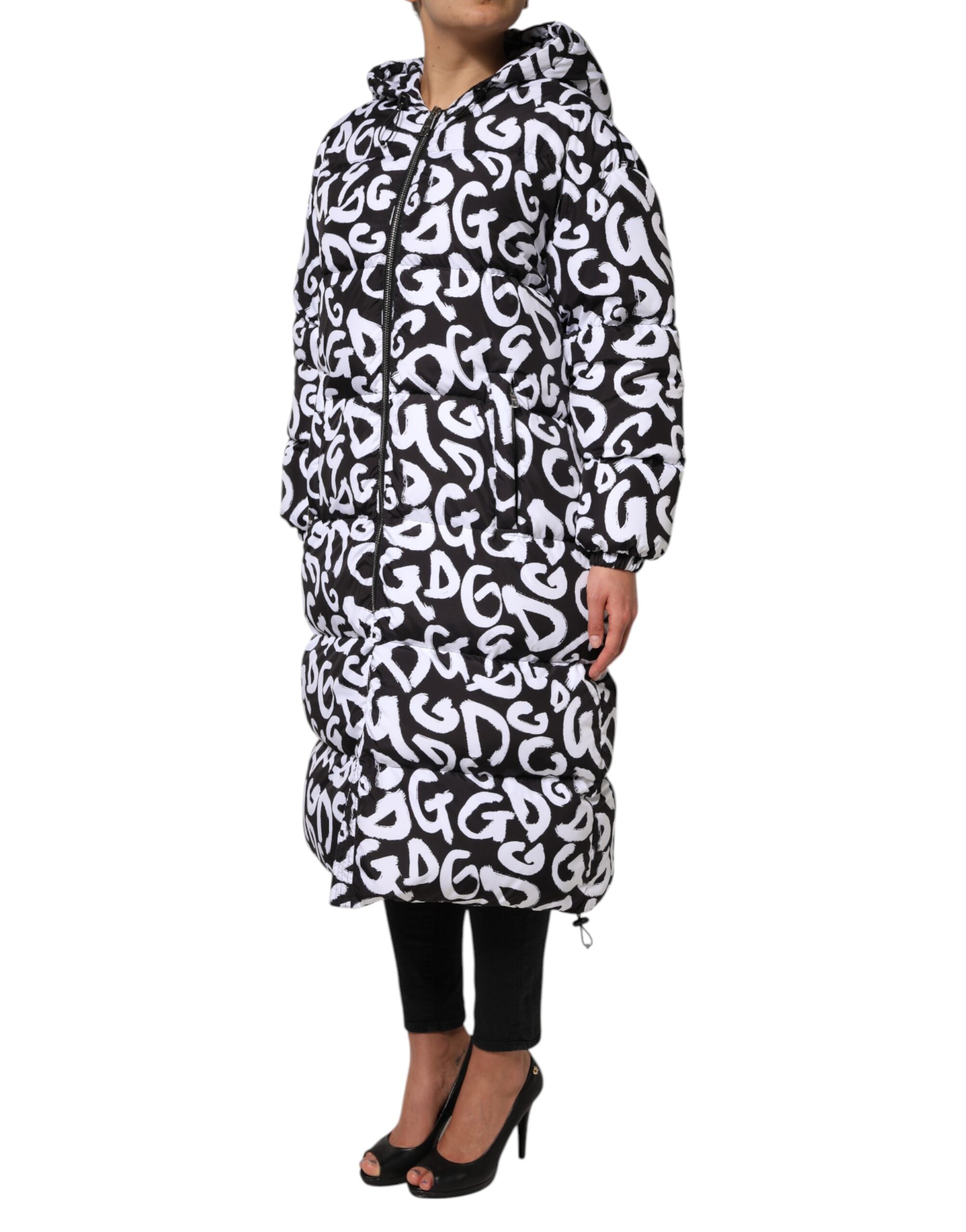 Dolce & Gabbana Black White DG Mania Hooded Long Coat Women's Jacket